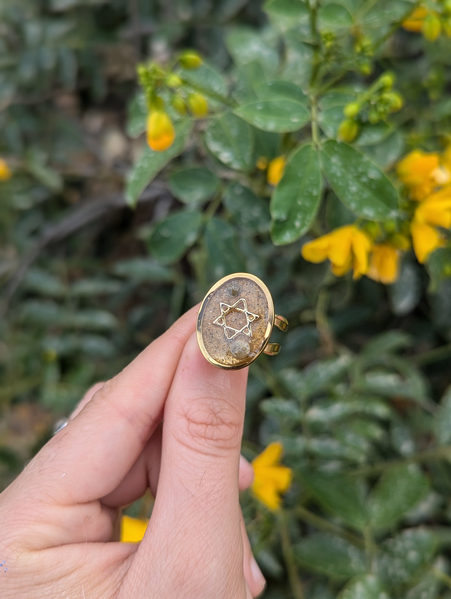 Israeli Sand and Beach Tiny Stones Magen David Gold Plated Stainless Steel Adjustable Ring
