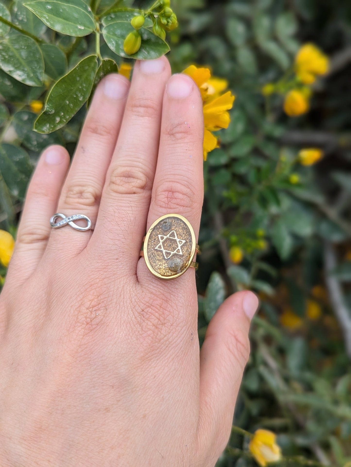 Israeli Sand and Beach Tiny Stones Magen David Gold Plated Stainless Steel Adjustable Ring