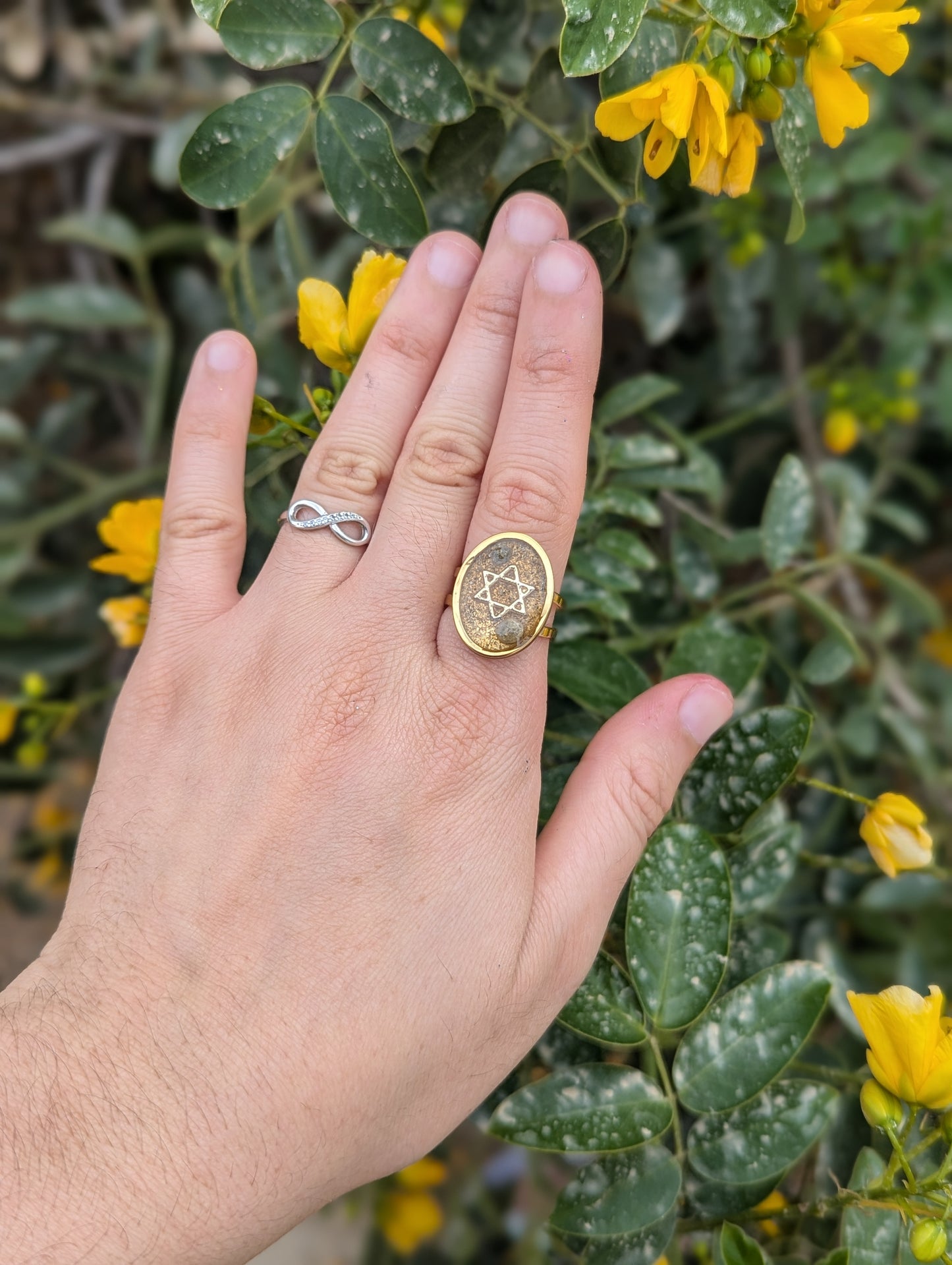 Israeli Sand and Beach Tiny Stones Magen David Gold Plated Stainless Steel Adjustable Ring