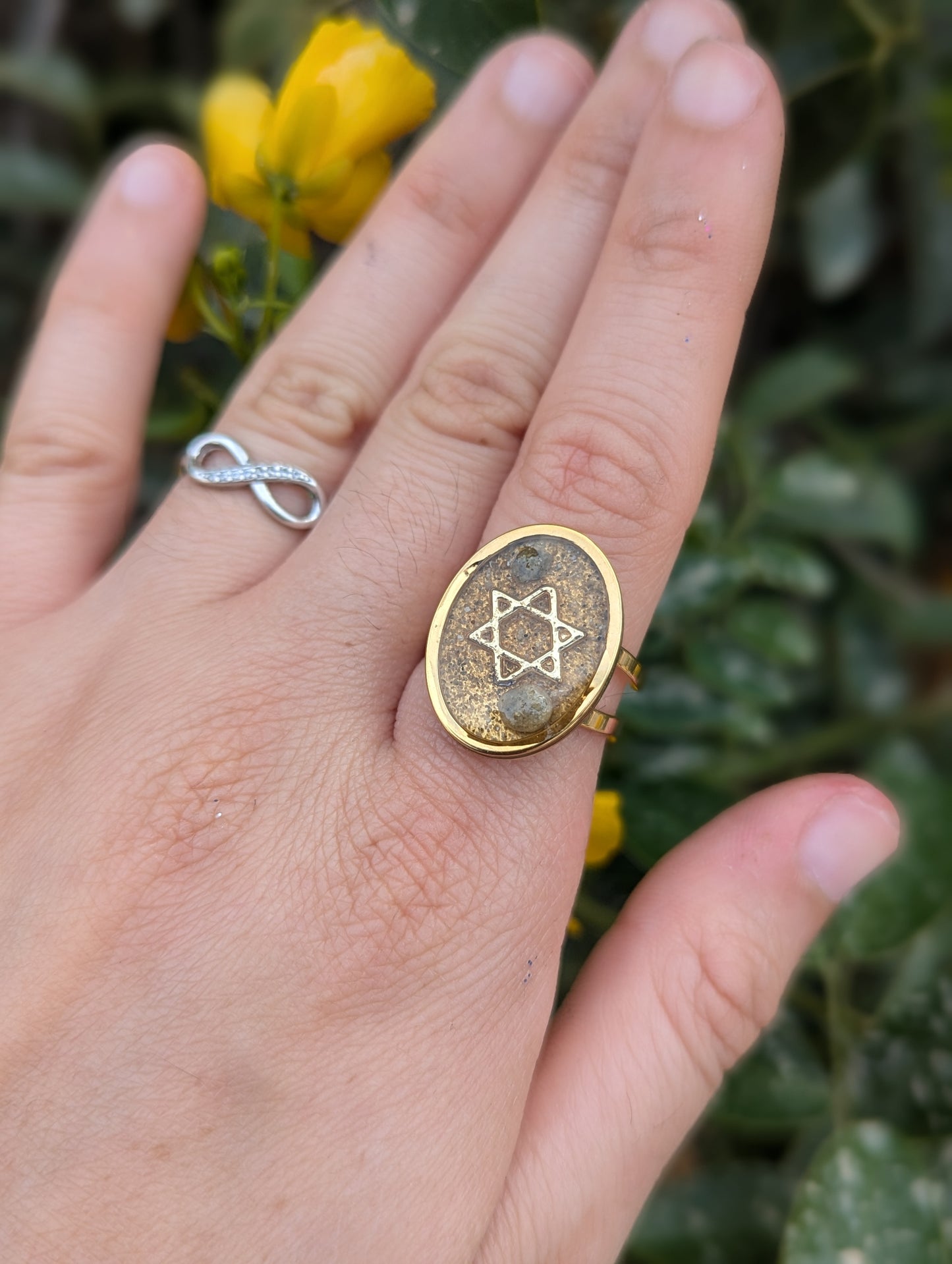 Israeli Sand and Beach Tiny Stones Magen David Gold Plated Stainless Steel Adjustable Ring