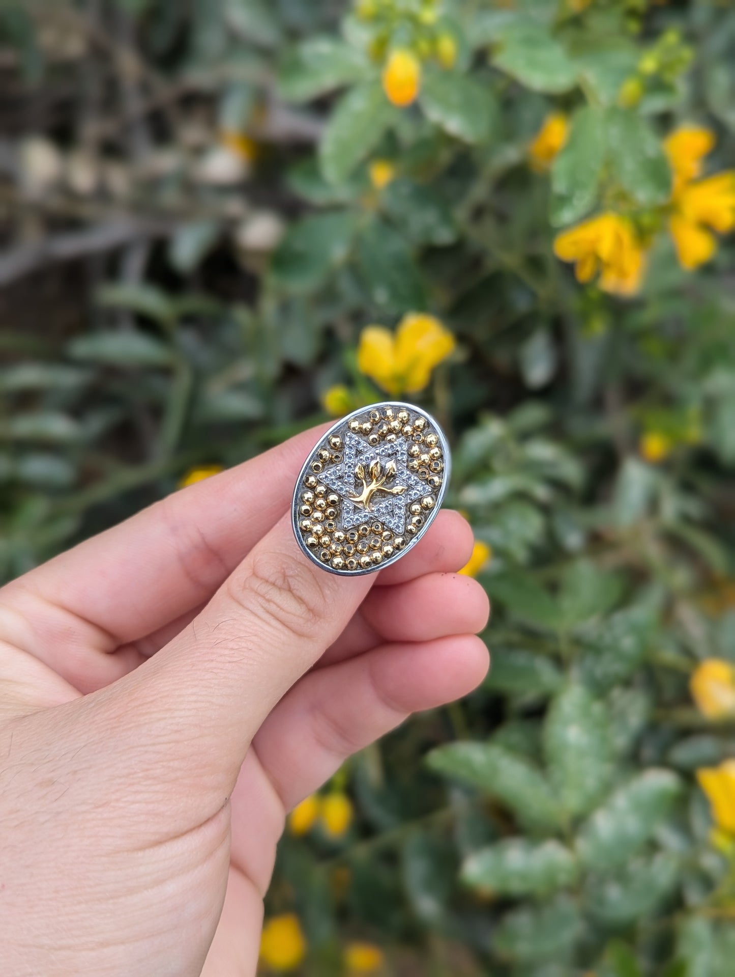 Two Tone Tree of Life Ring with Sterling Silver and God Plated Beads Adjustable Stainless Steel Ring