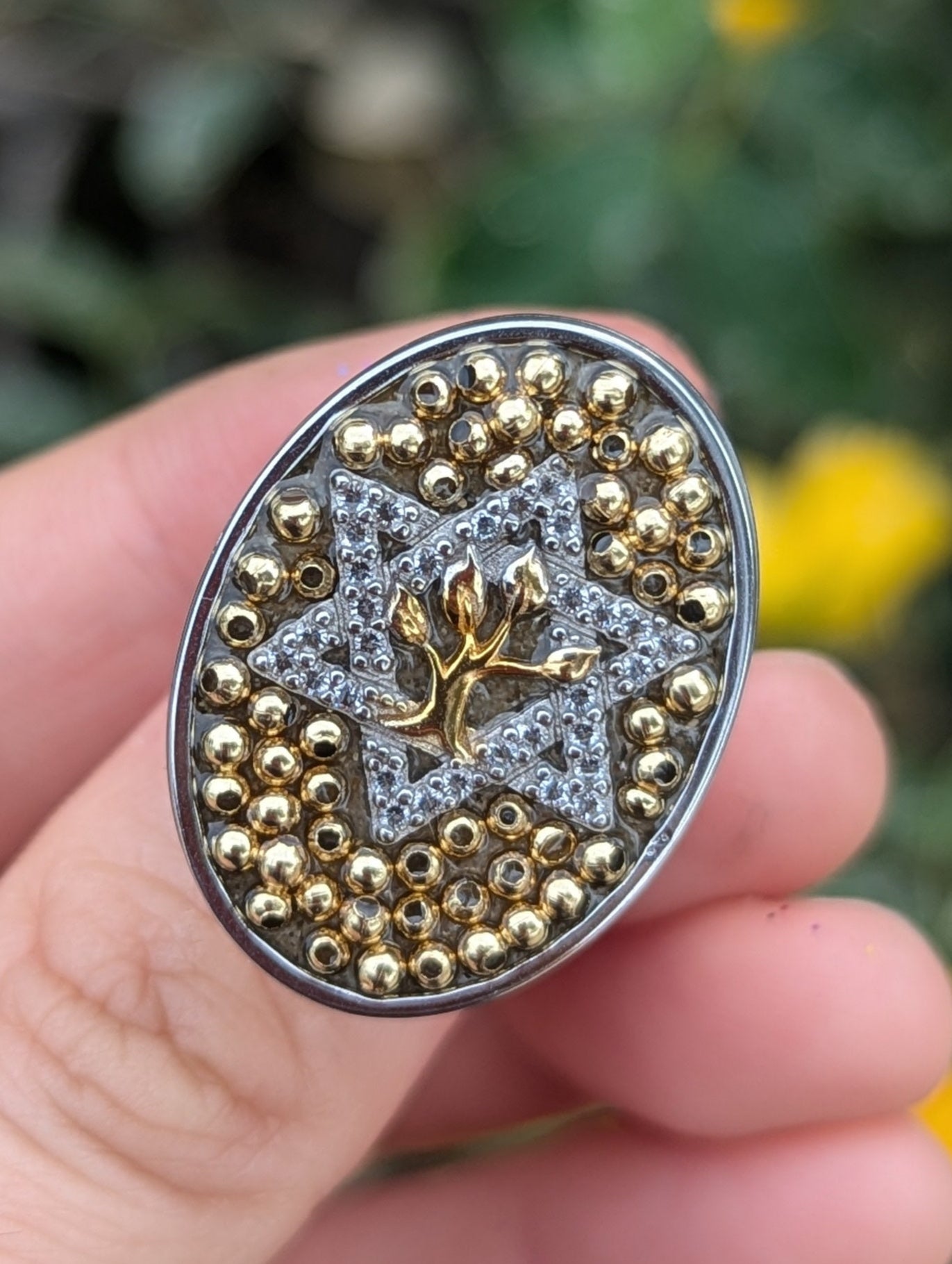 Two Tone Tree of Life Ring with Sterling Silver and God Plated Beads Adjustable Stainless Steel Ring