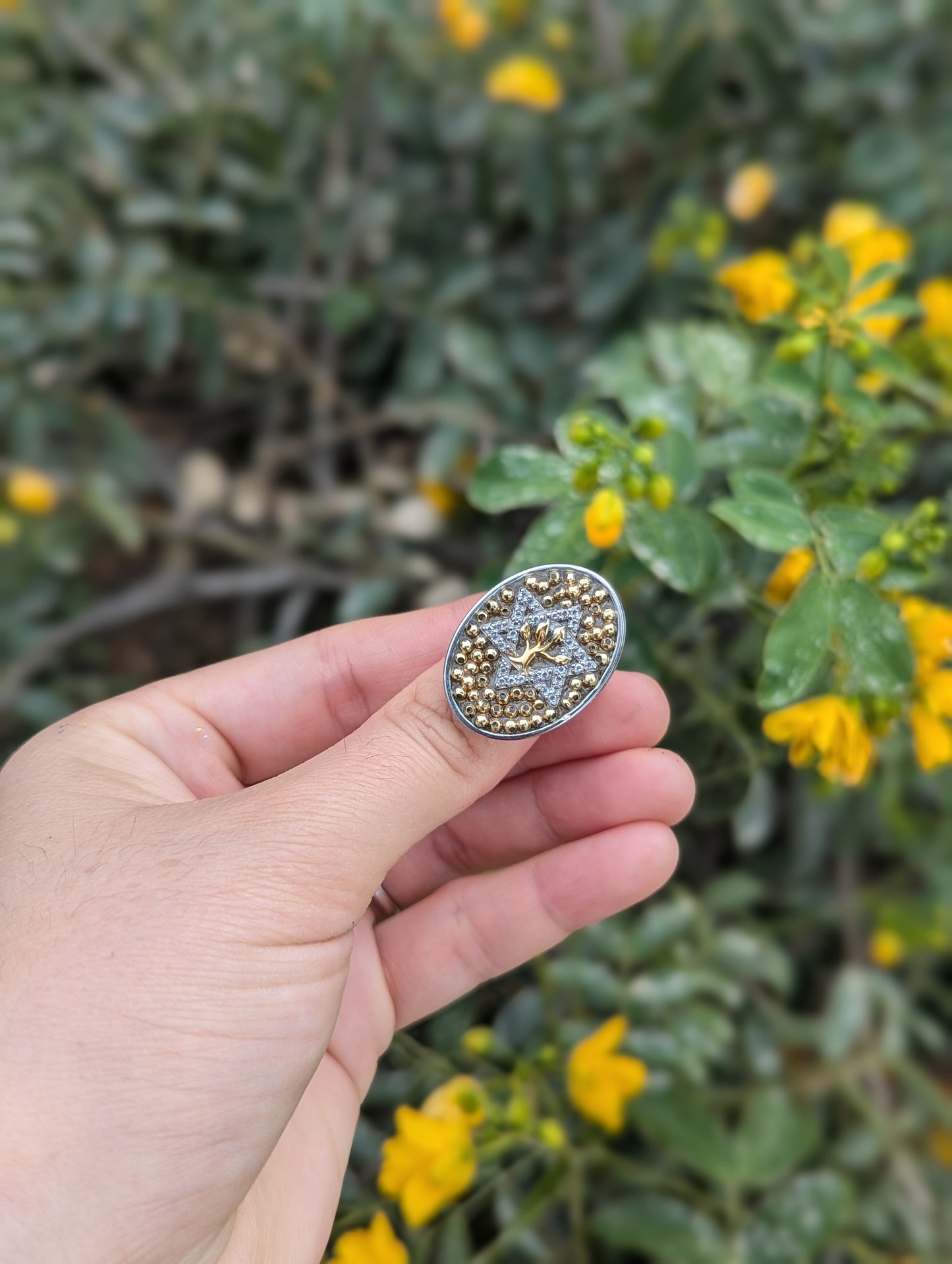 Two Tone Tree of Life Ring with Sterling Silver and God Plated Beads Adjustable Stainless Steel Ring