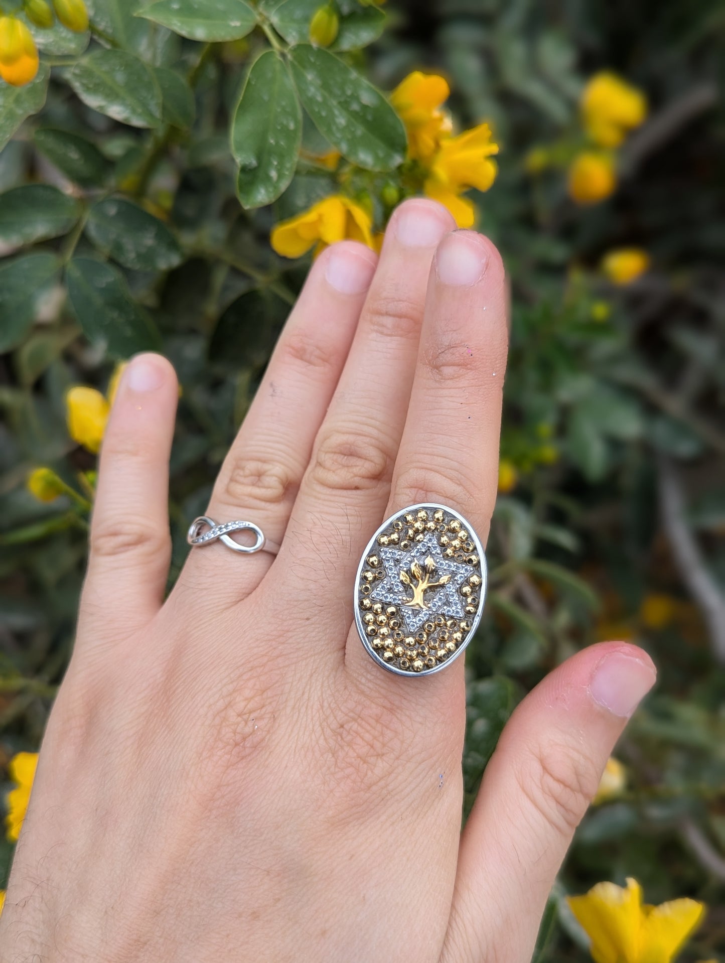 Two Tone Tree of Life Ring with Sterling Silver and God Plated Beads Adjustable Stainless Steel Ring