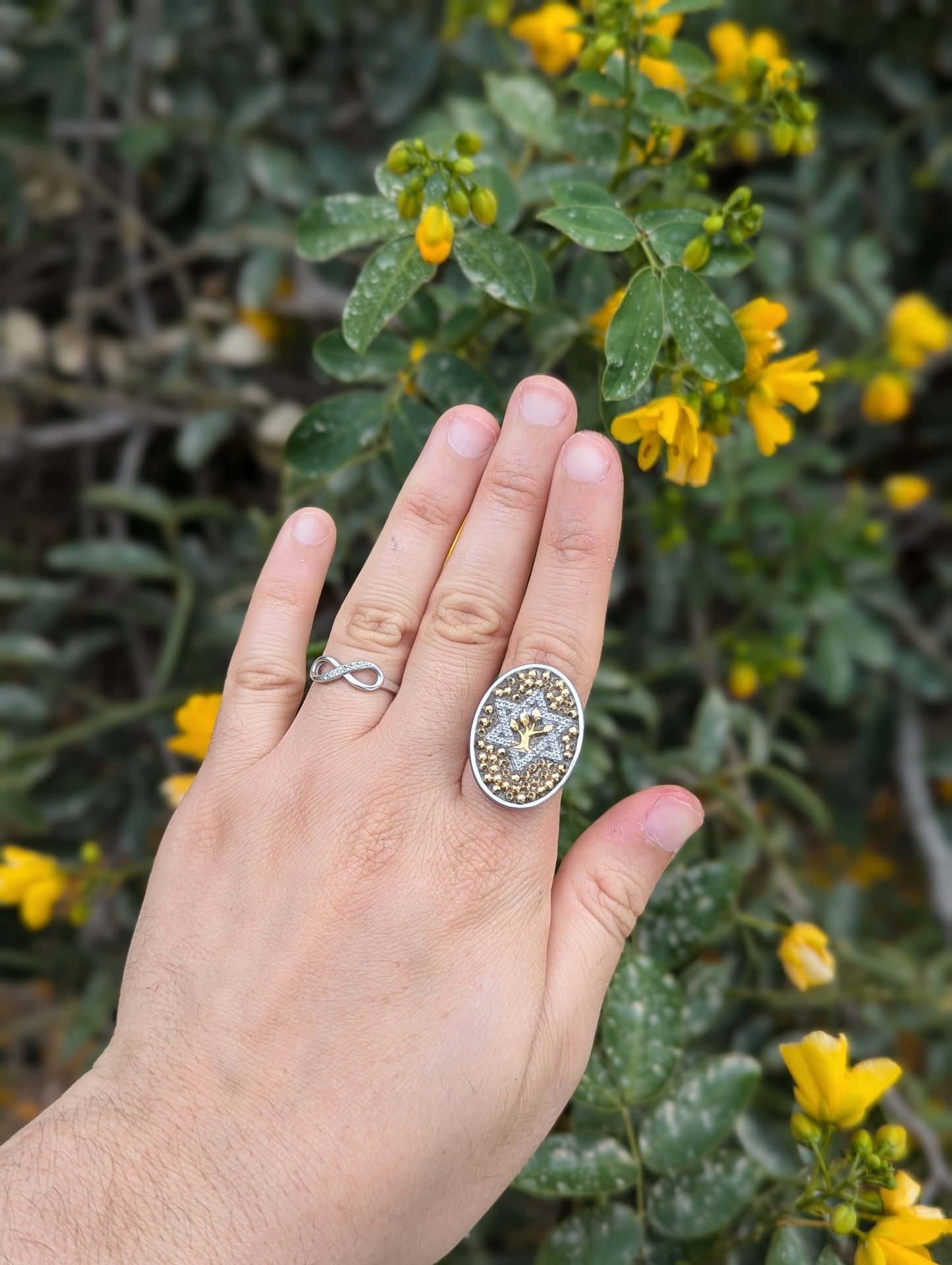 Two Tone Tree of Life Ring with Sterling Silver and God Plated Beads Adjustable Stainless Steel Ring