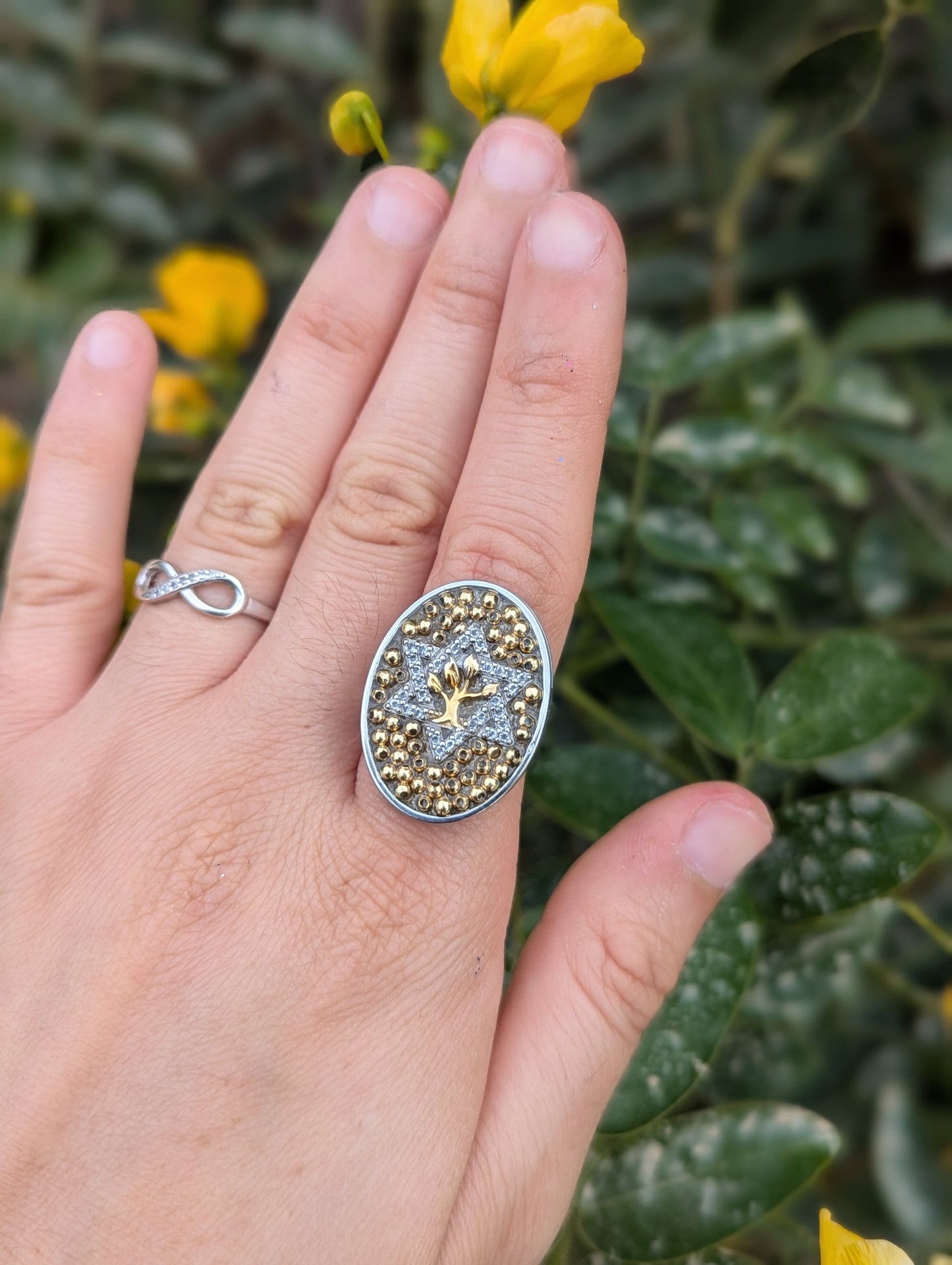 Two Tone Tree of Life Ring with Sterling Silver and God Plated Beads Adjustable Stainless Steel Ring