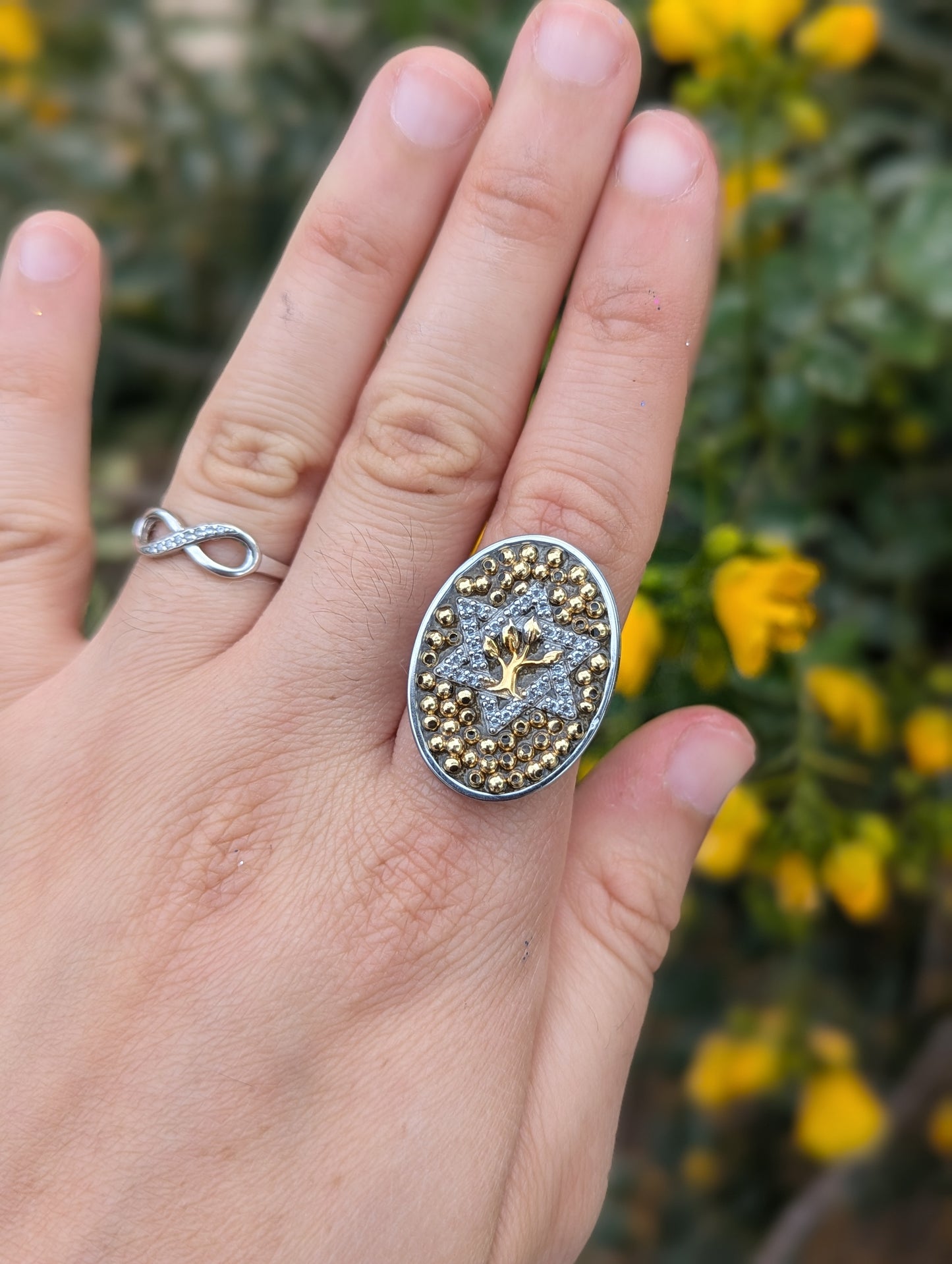 Two Tone Tree of Life Ring with Sterling Silver and God Plated Beads Adjustable Stainless Steel Ring