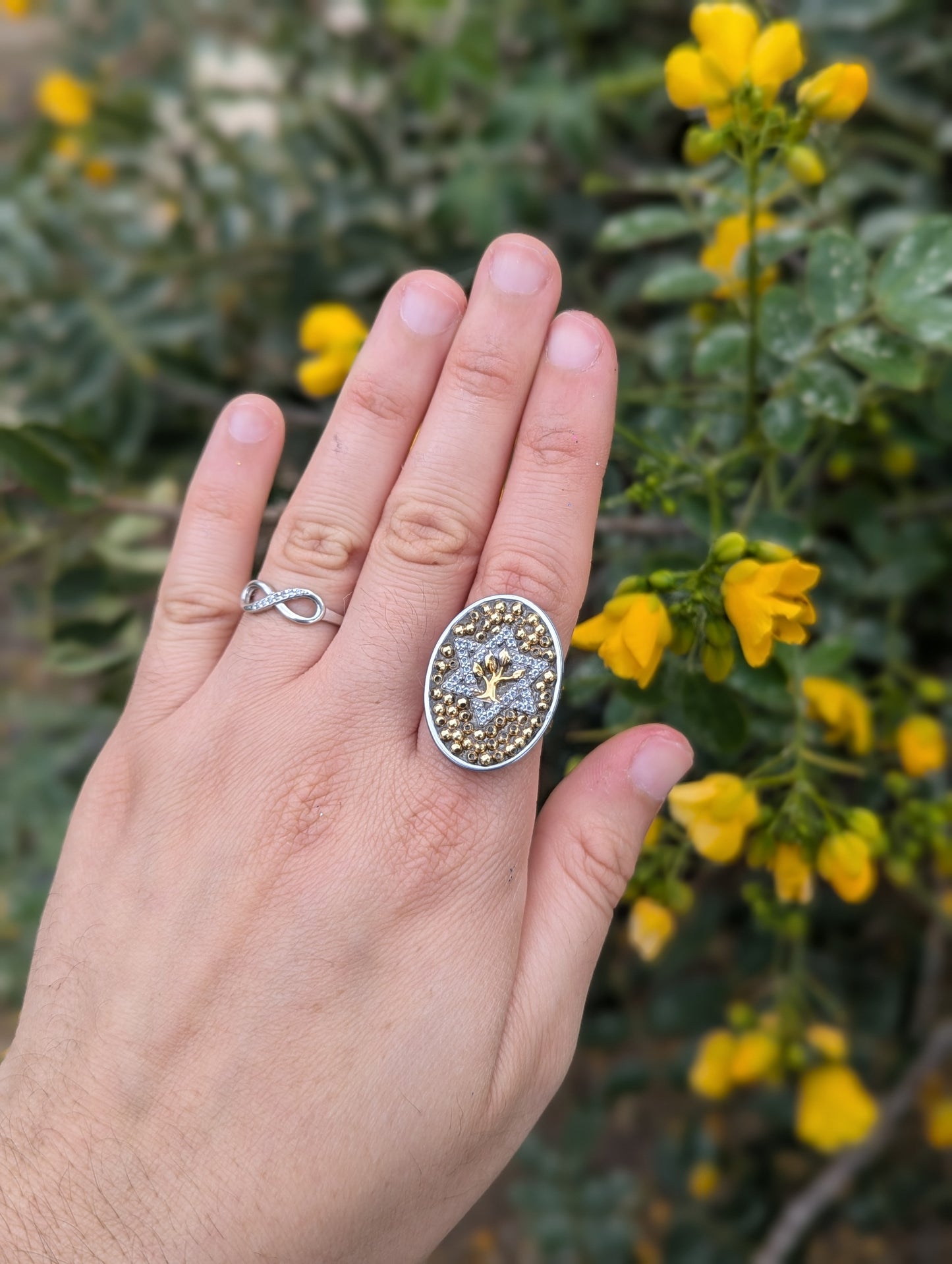 Two Tone Tree of Life Ring with Sterling Silver and God Plated Beads Adjustable Stainless Steel Ring