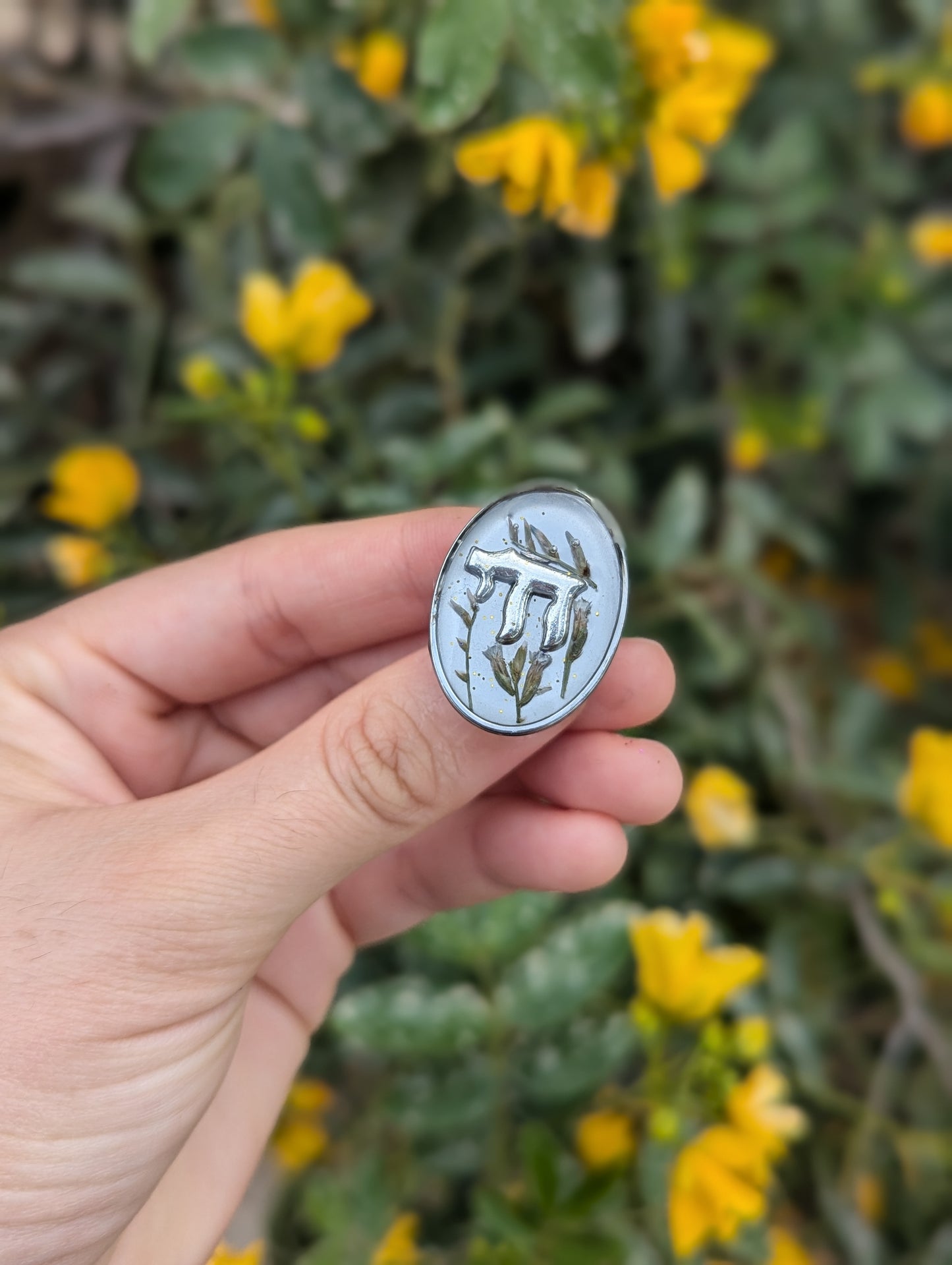 Chai Resin Ring with Tiny Israeli Flowers and Stainless Steel Adjustable Ring