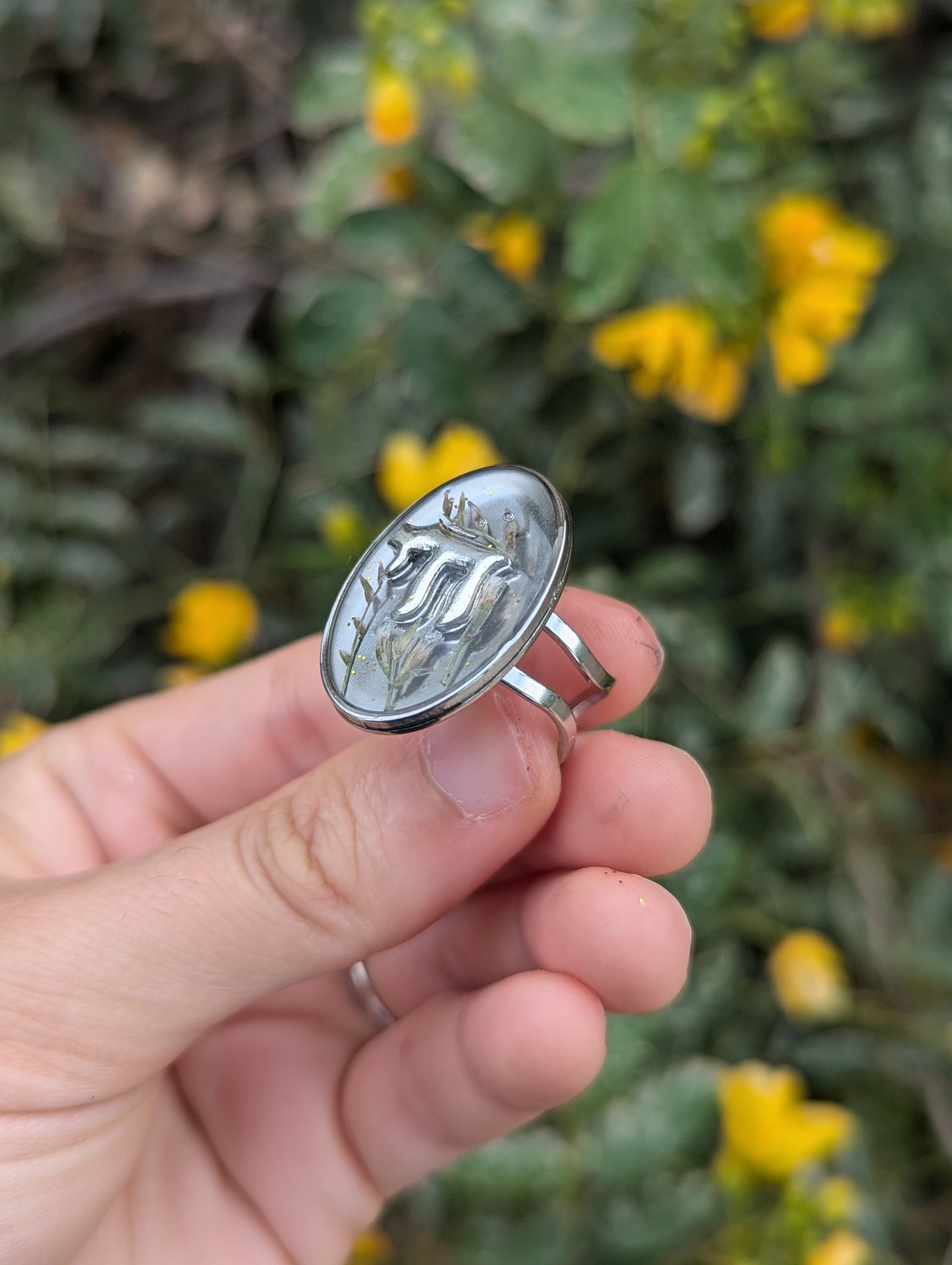 Chai Resin Ring with Tiny Israeli Flowers and Stainless Steel Adjustable Ring