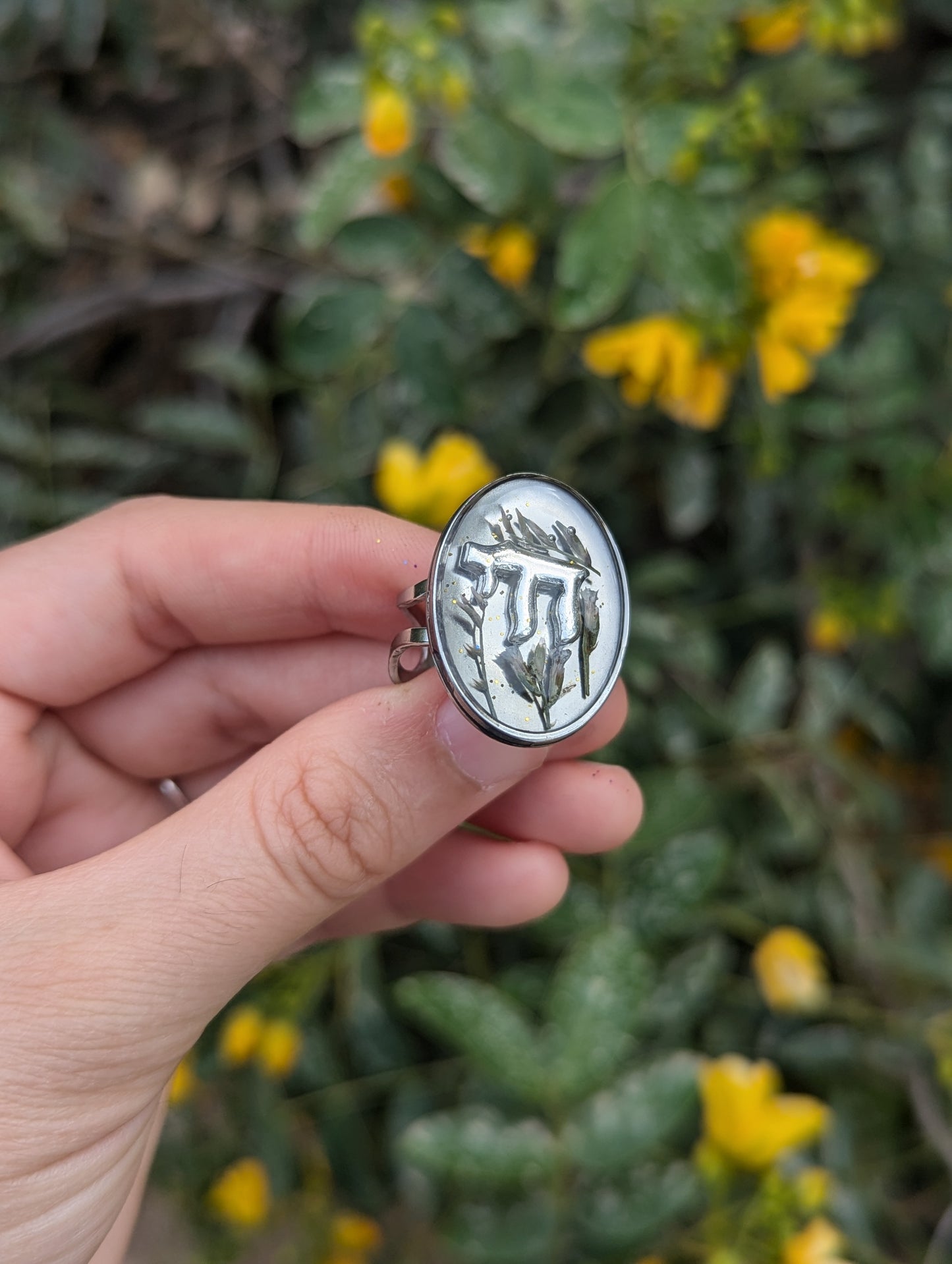 Chai Resin Ring with Tiny Israeli Flowers and Stainless Steel Adjustable Ring