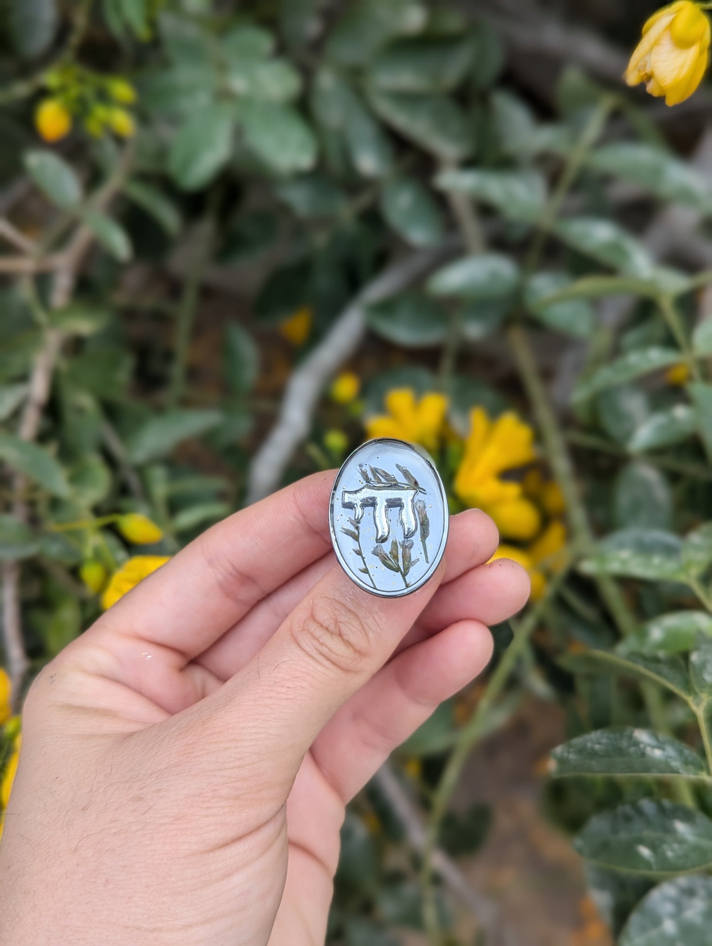 Chai Resin Ring with Tiny Israeli Flowers and Stainless Steel Adjustable Ring