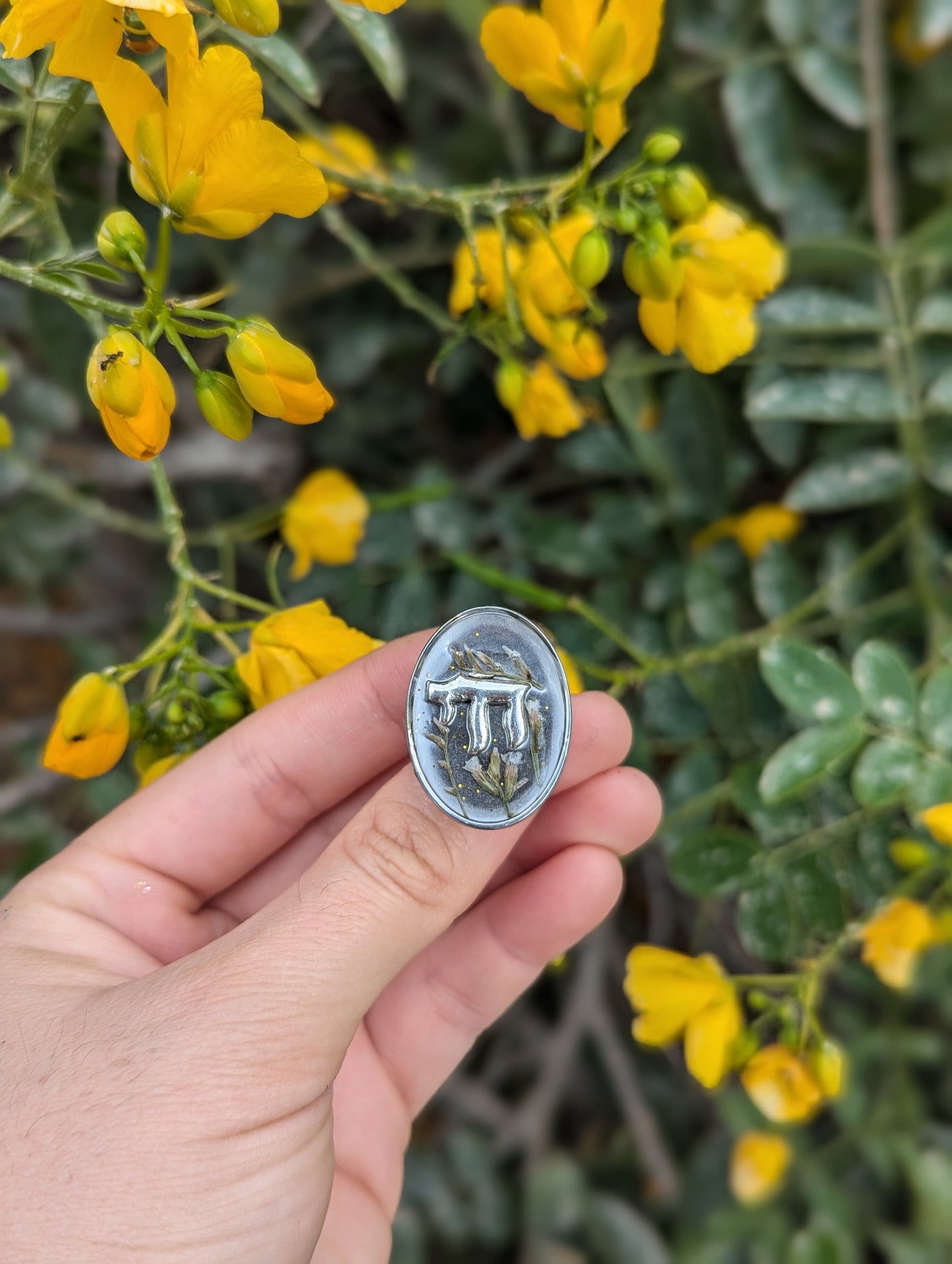 Chai Resin Ring with Tiny Israeli Flowers and Stainless Steel Adjustable Ring
