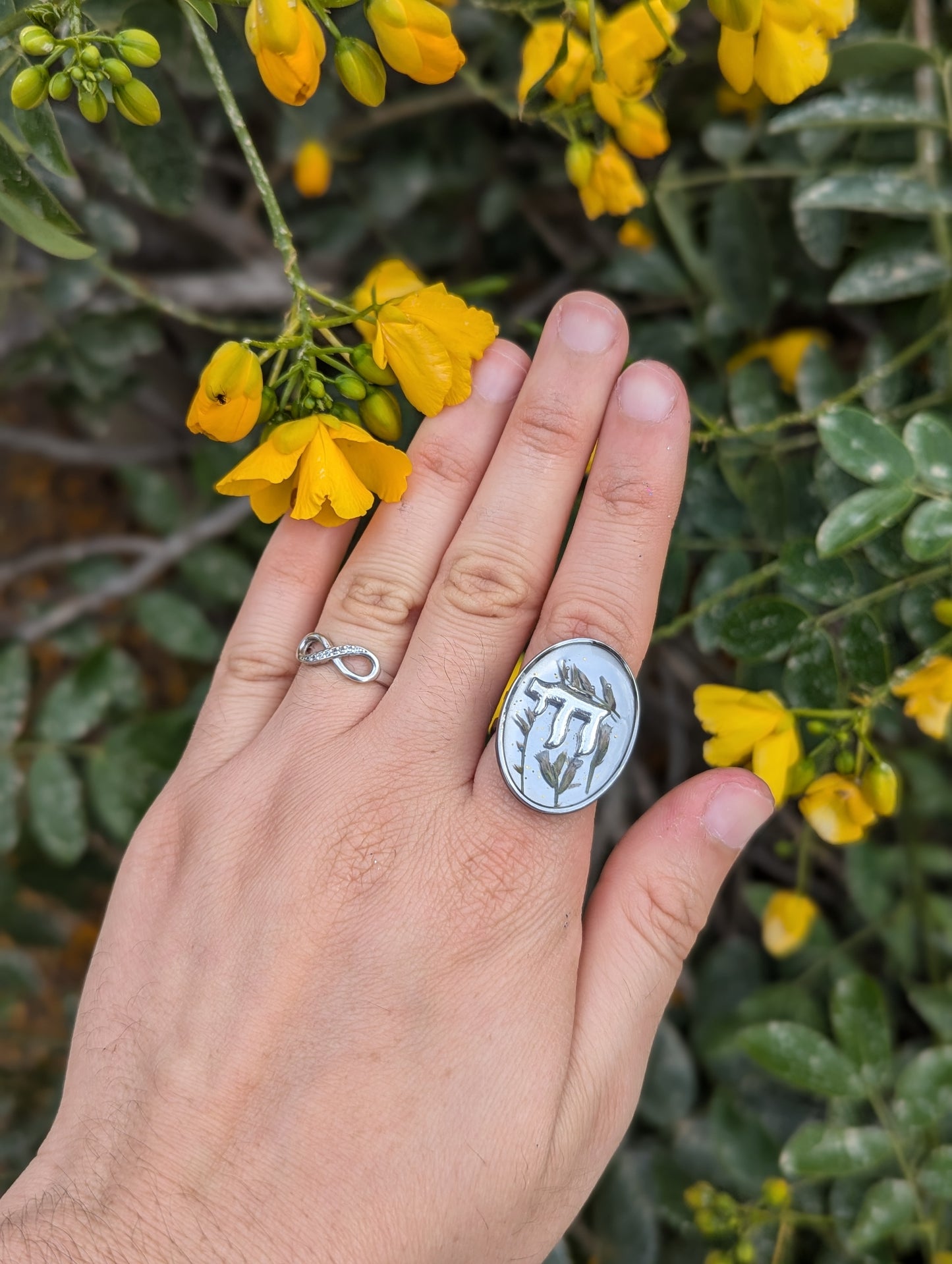 Chai Resin Ring with Tiny Israeli Flowers and Stainless Steel Adjustable Ring