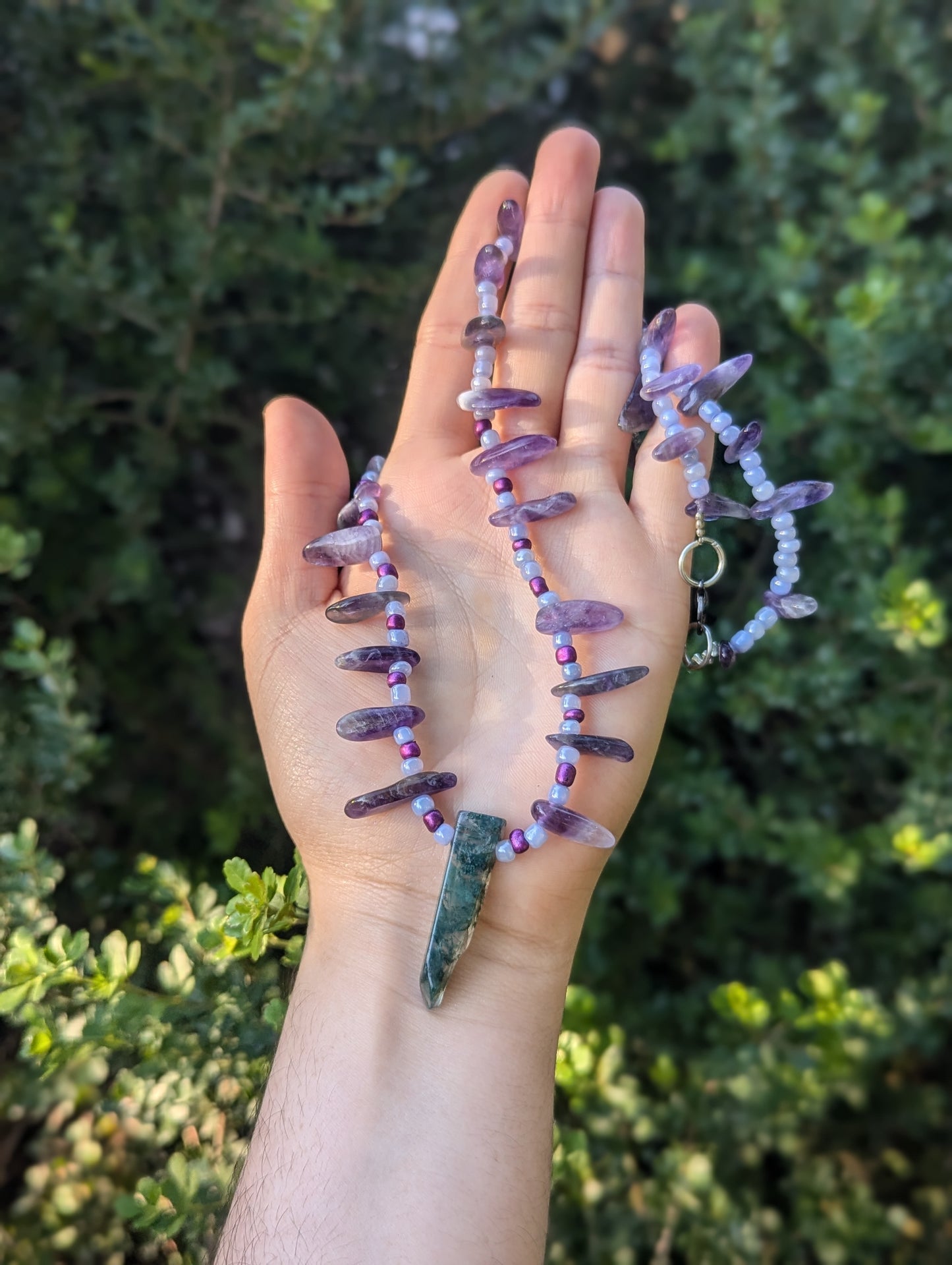 Rakefet! Moss Agate Pendant, Purple Amethyst and Baby Blue Glass Beaded Long Necklace