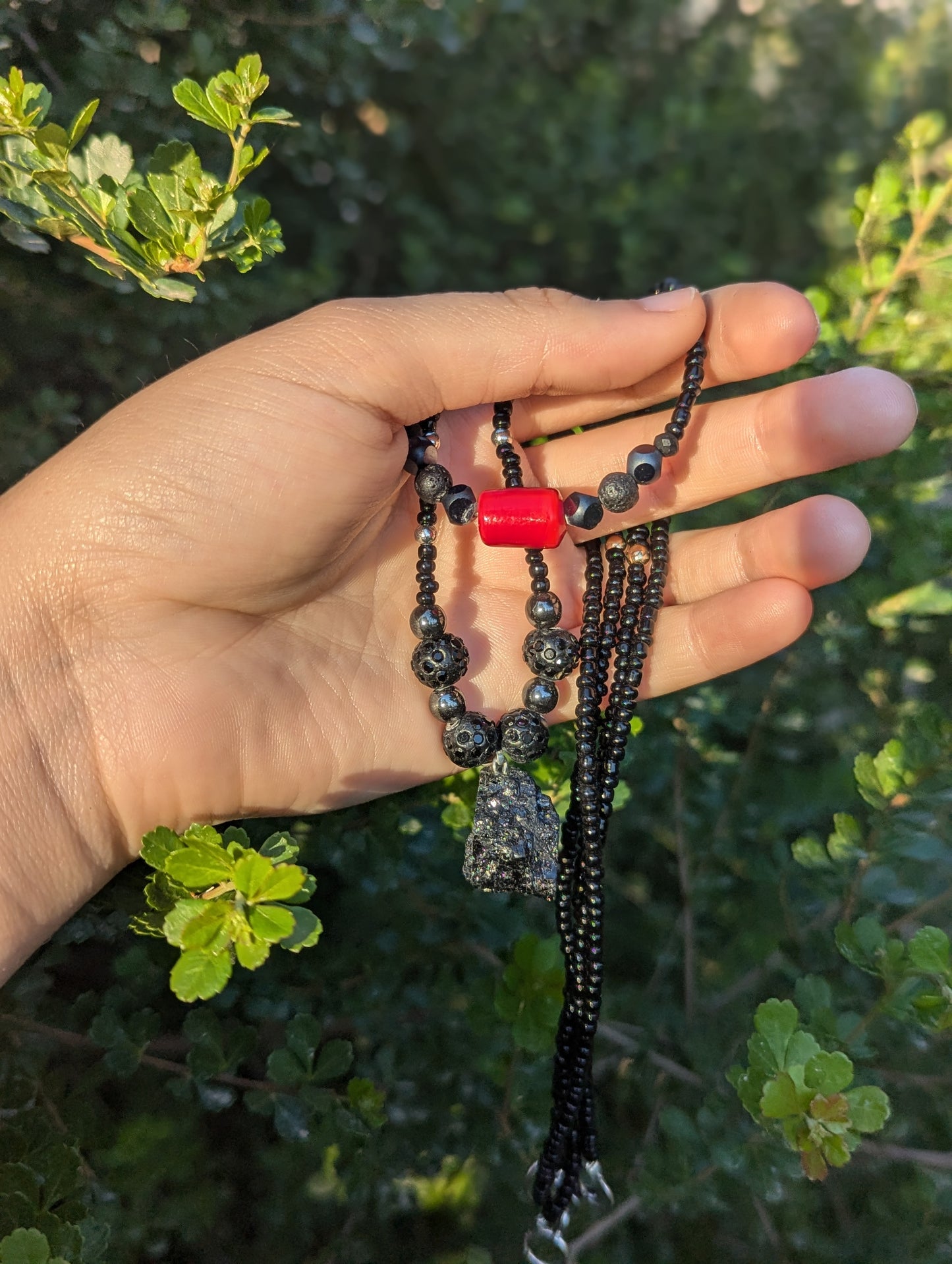 Rakefet! Black Tourmaline & Red Ceramic layered black glass beaded necklaces