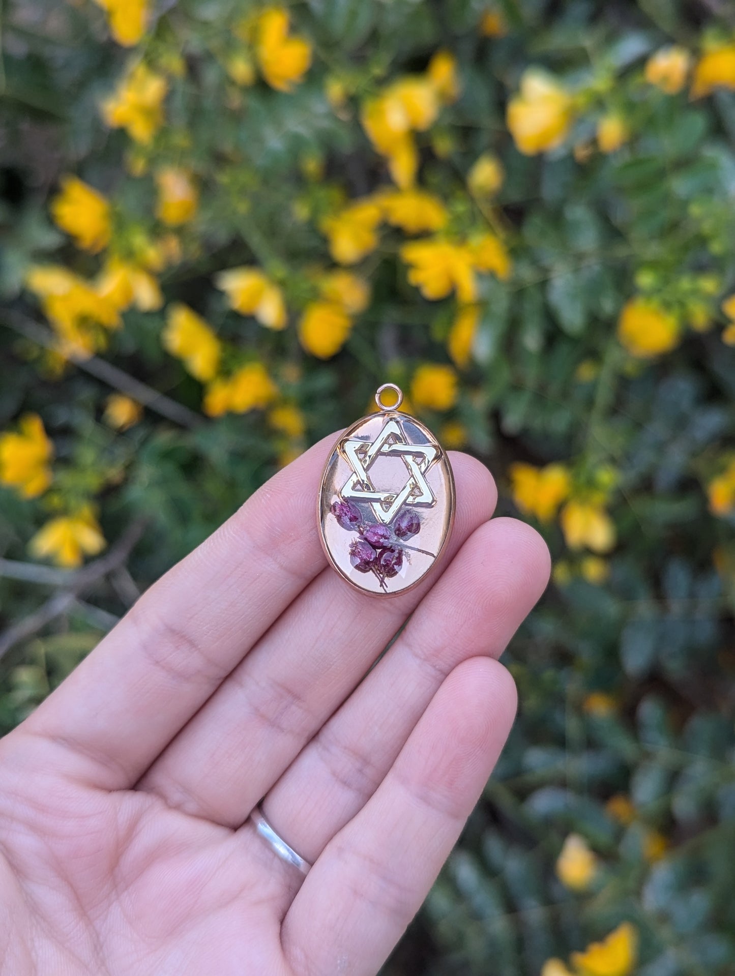 Shoshana Pendant with Purple Pink Tiny Israeli Flowers and Magen David