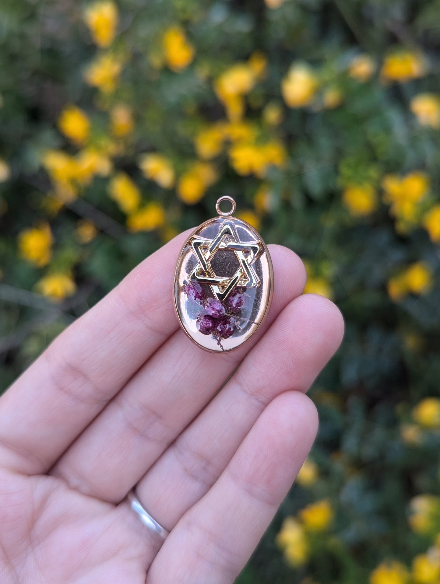 Shoshana Pendant with Purple Pink Tiny Israeli Flowers and Magen David