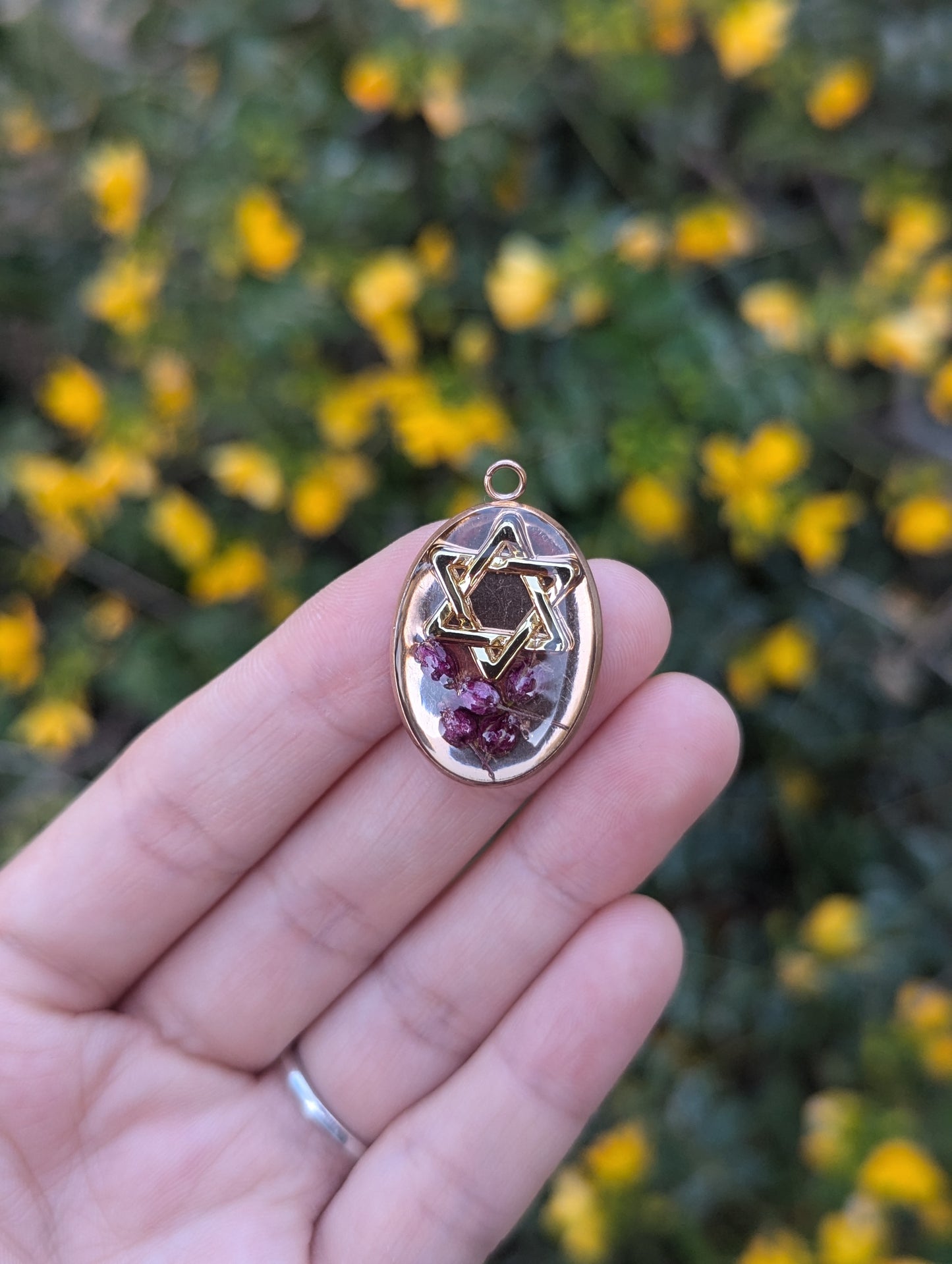 Shoshana Pendant with Purple Pink Tiny Israeli Flowers and Magen David