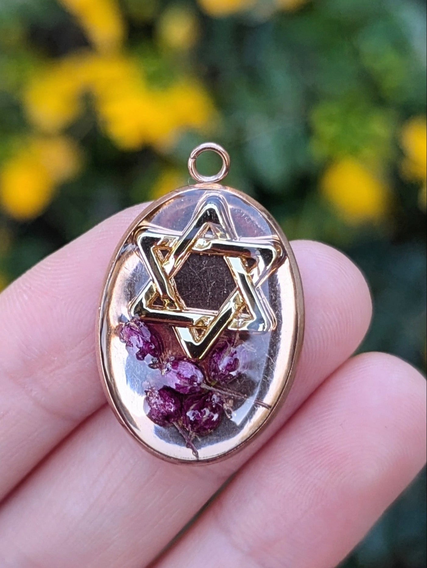 Shoshana Pendant with Purple Pink Tiny Israeli Flowers and Magen David