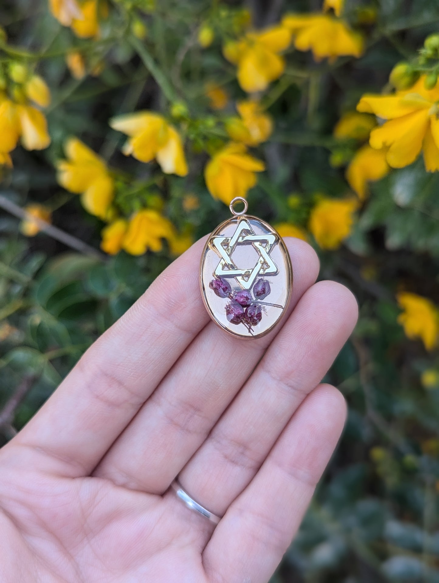 Shoshana Pendant with Purple Pink Tiny Israeli Flowers and Magen David
