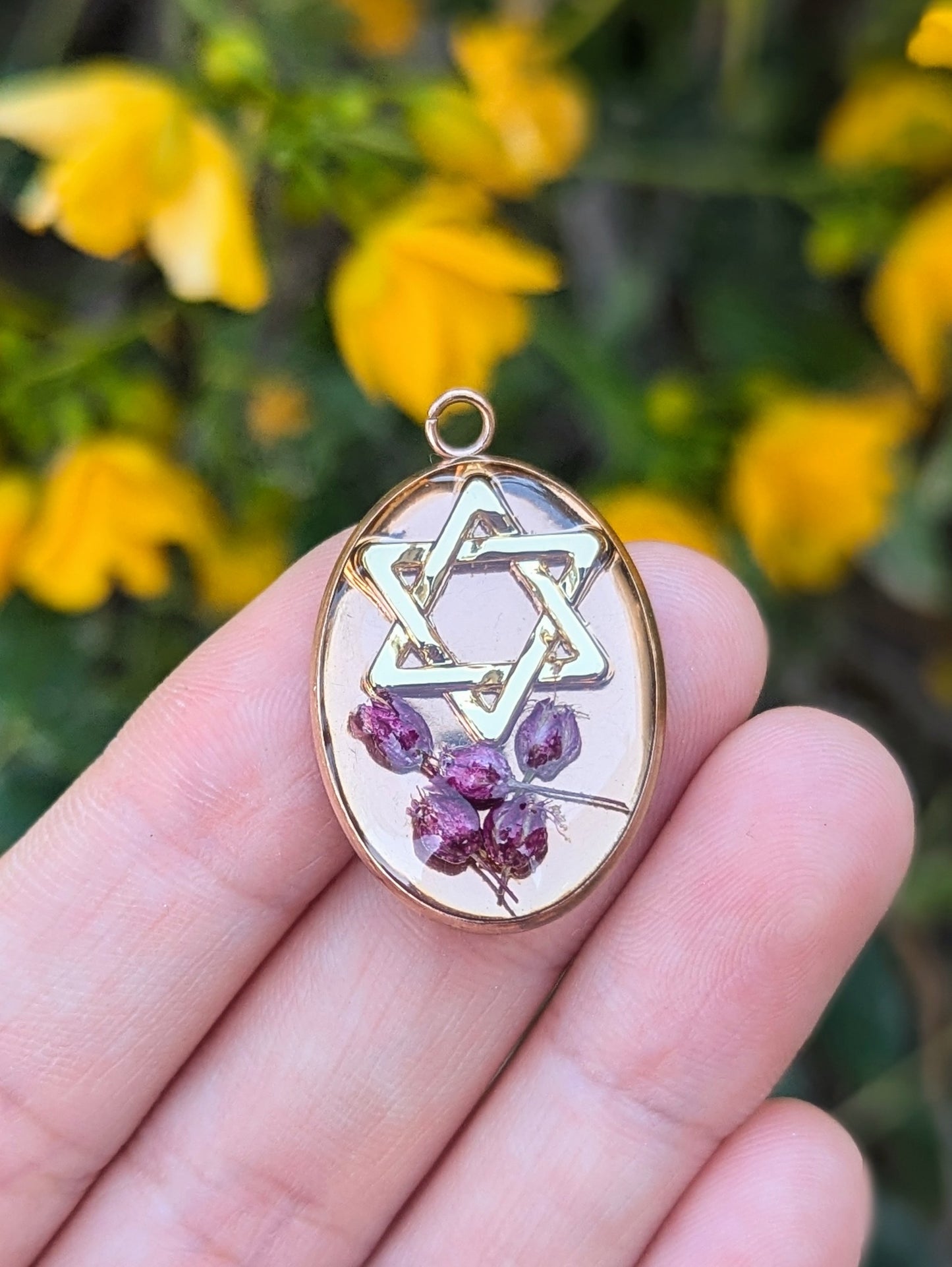 Shoshana Pendant with Purple Pink Tiny Israeli Flowers and Magen David