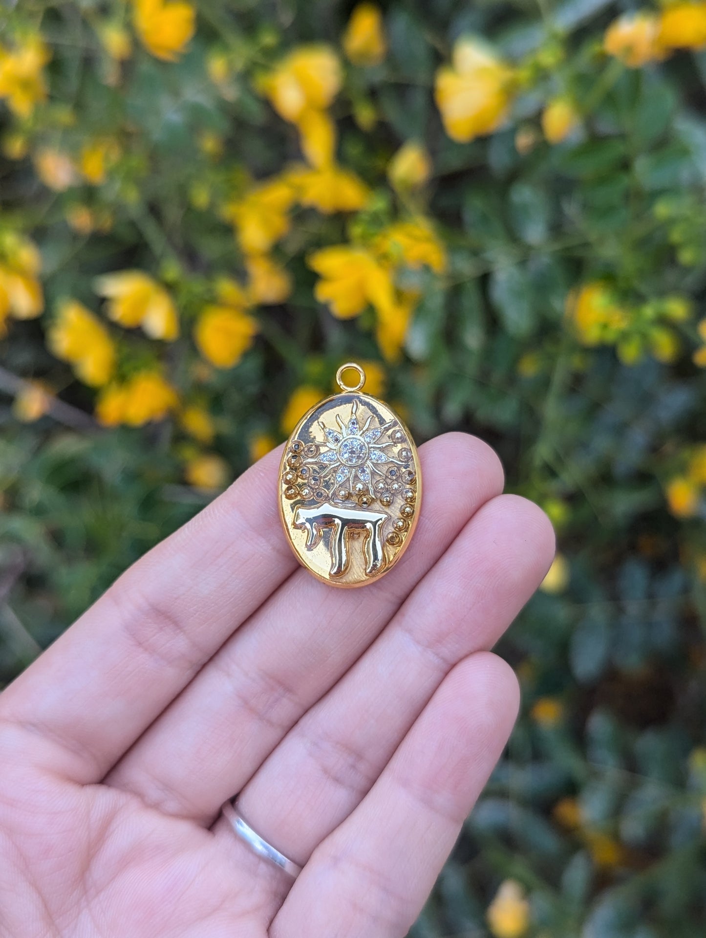 Shemesh Pendant in Resin with Gold plated Chai and Zirconia Sun