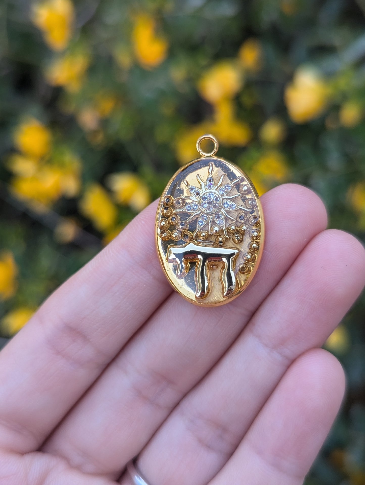 Shemesh Pendant in Resin with Gold plated Chai and Zirconia Sun