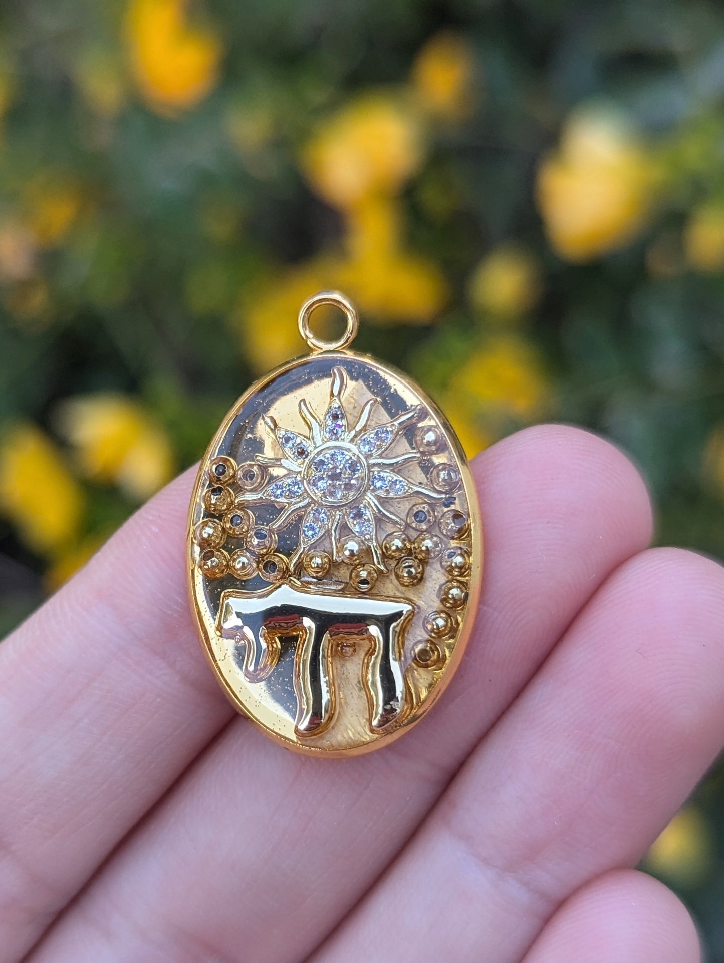 Shemesh Pendant in Resin with Gold plated Chai and Zirconia Sun