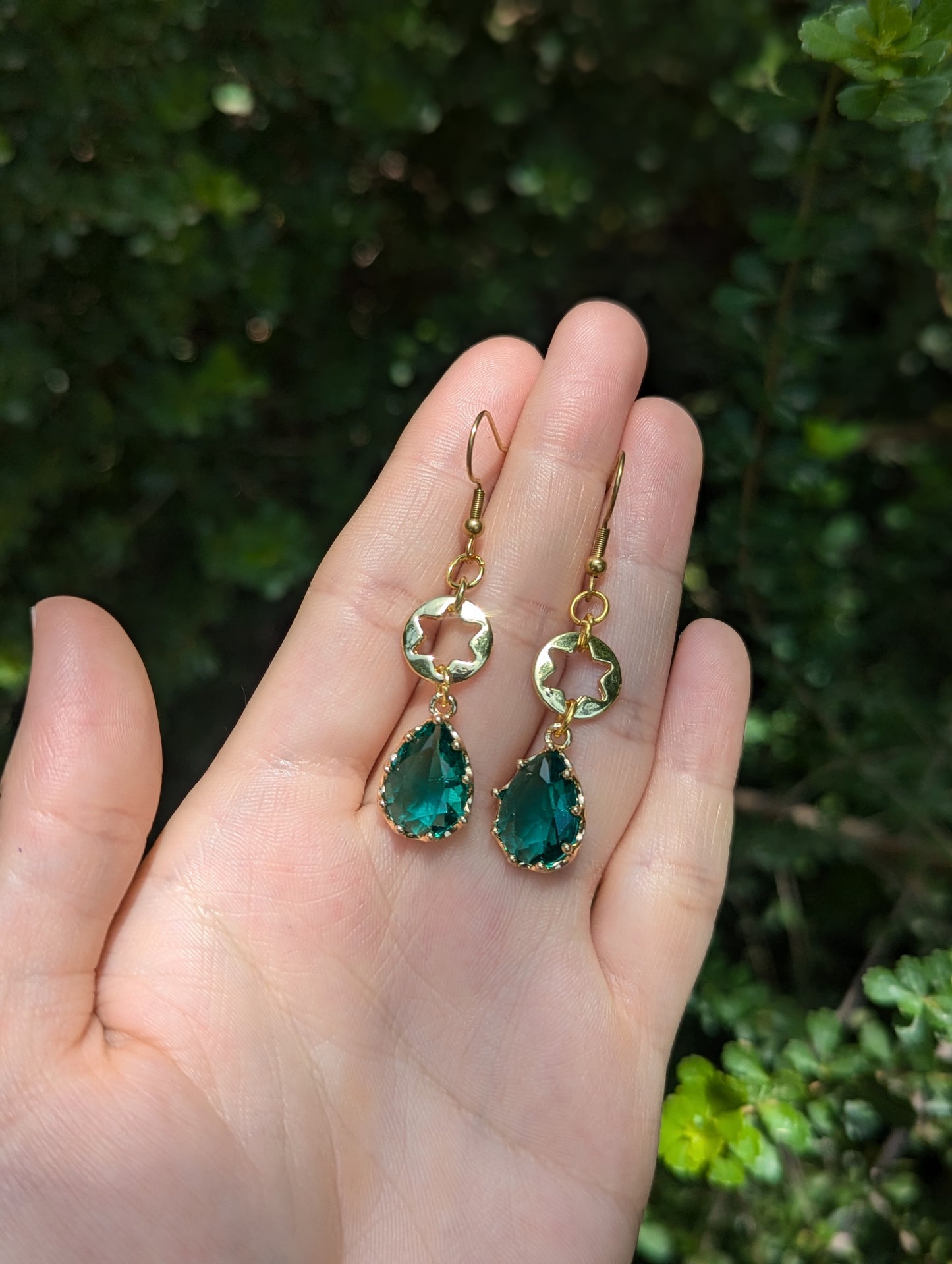 Forest Earrings: Magen David Gold Plated Earrings with Green Crystal Drops
