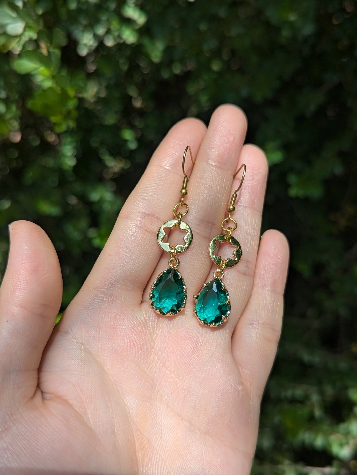 Forest Earrings: Magen David Gold Plated Earrings with Green Crystal Drops