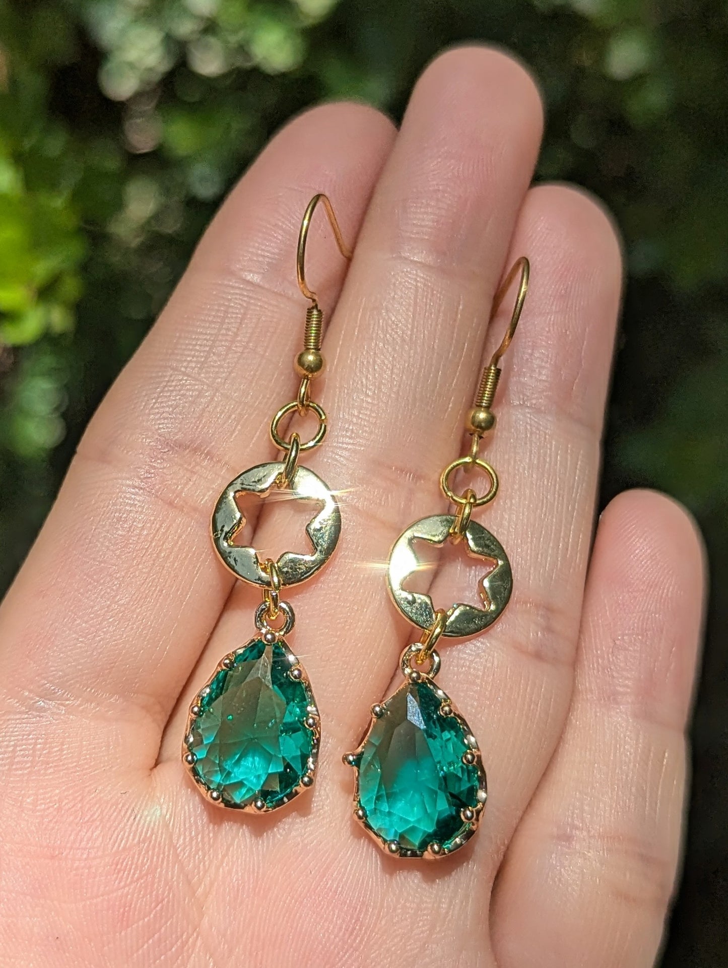 Forest Earrings: Magen David Gold Plated Earrings with Green Crystal Drops
