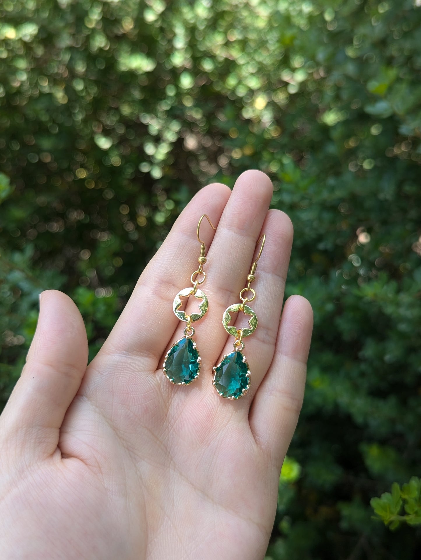 Forest Earrings: Magen David Gold Plated Earrings with Green Crystal Drops