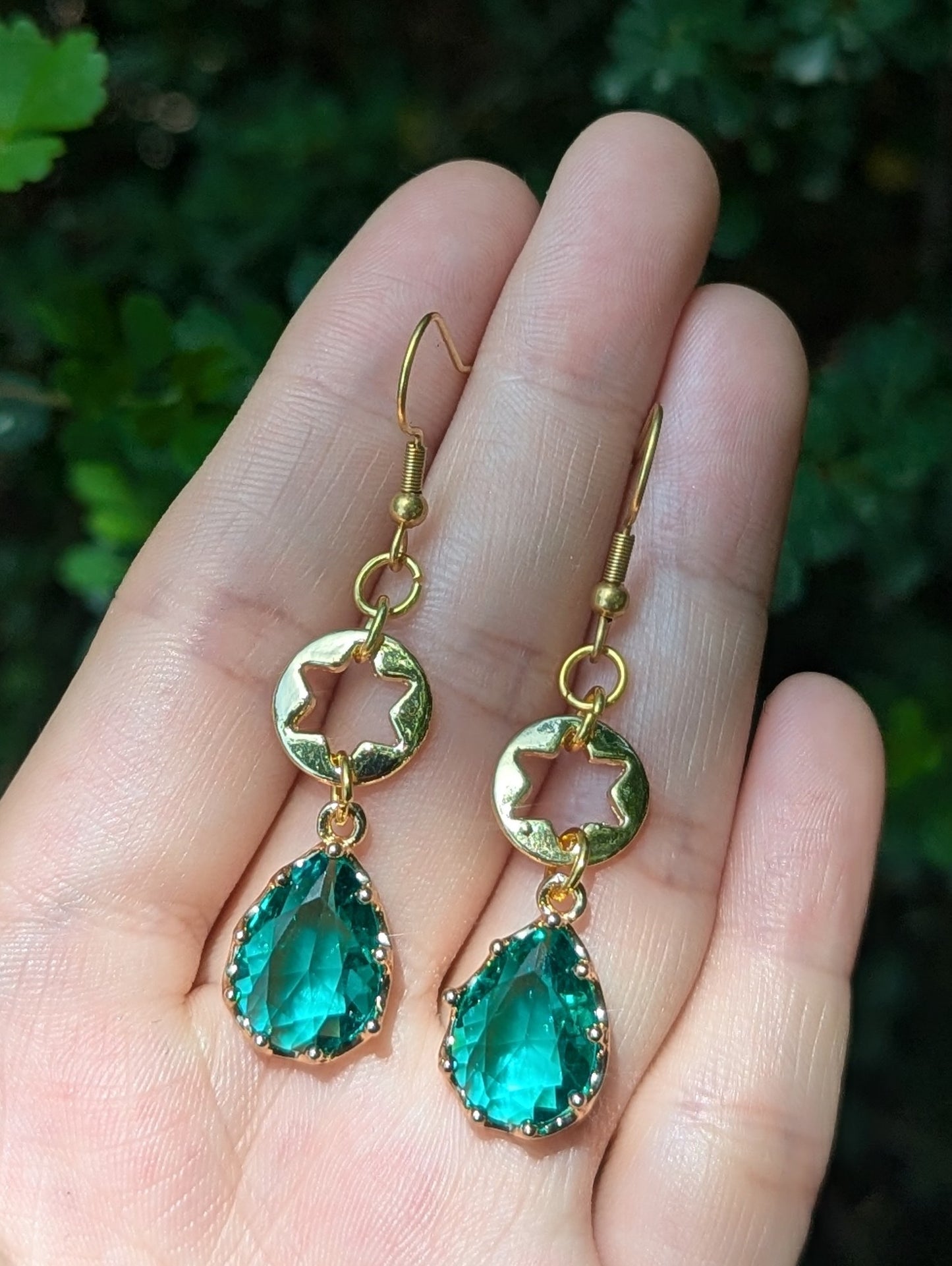 Forest Earrings: Magen David Gold Plated Earrings with Green Crystal Drops