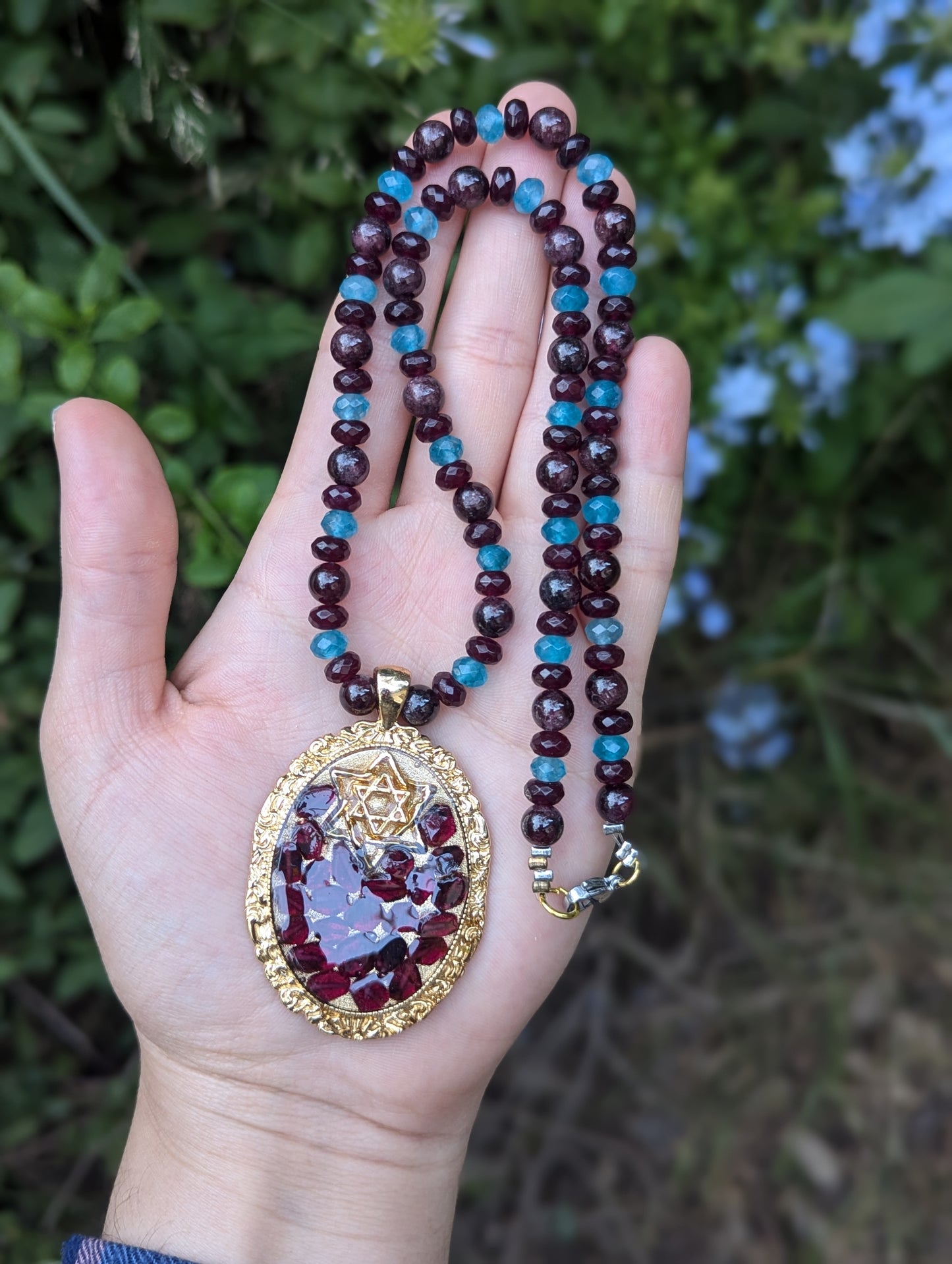 Zer'ei Rimon Penant with Jade and Garnet Gemstones Necklace