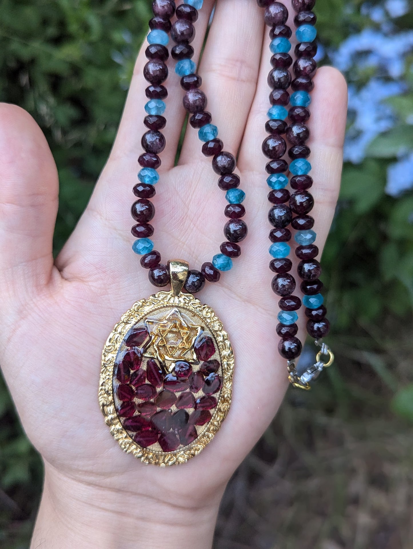 Zer'ei Rimon Penant with Jade and Garnet Gemstones Necklace