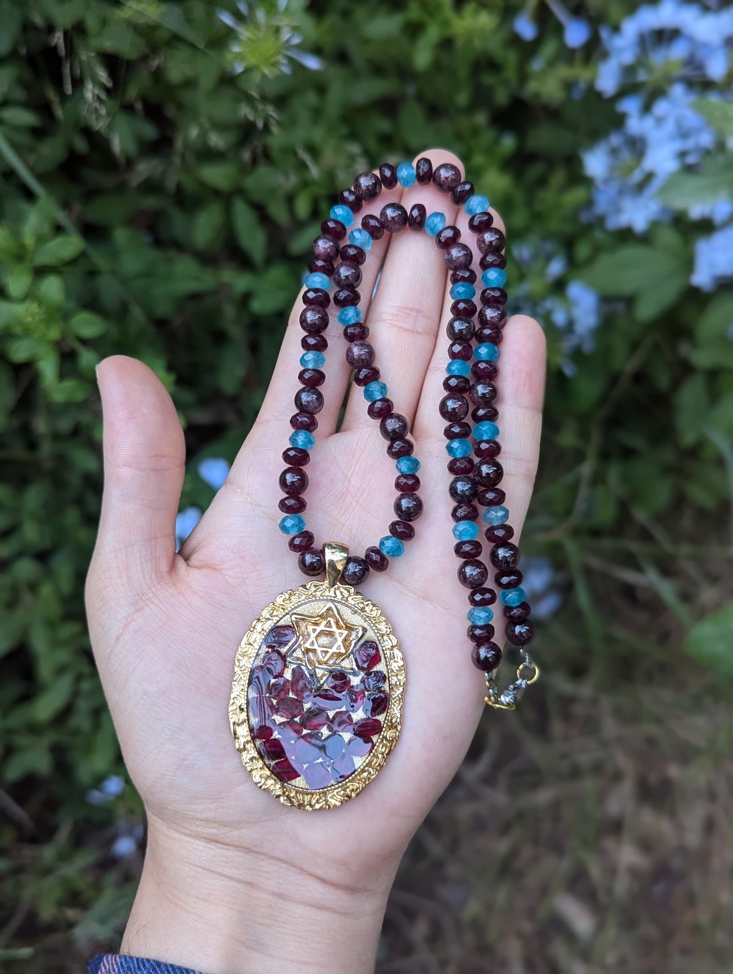 Zer'ei Rimon Penant with Jade and Garnet Gemstones Necklace