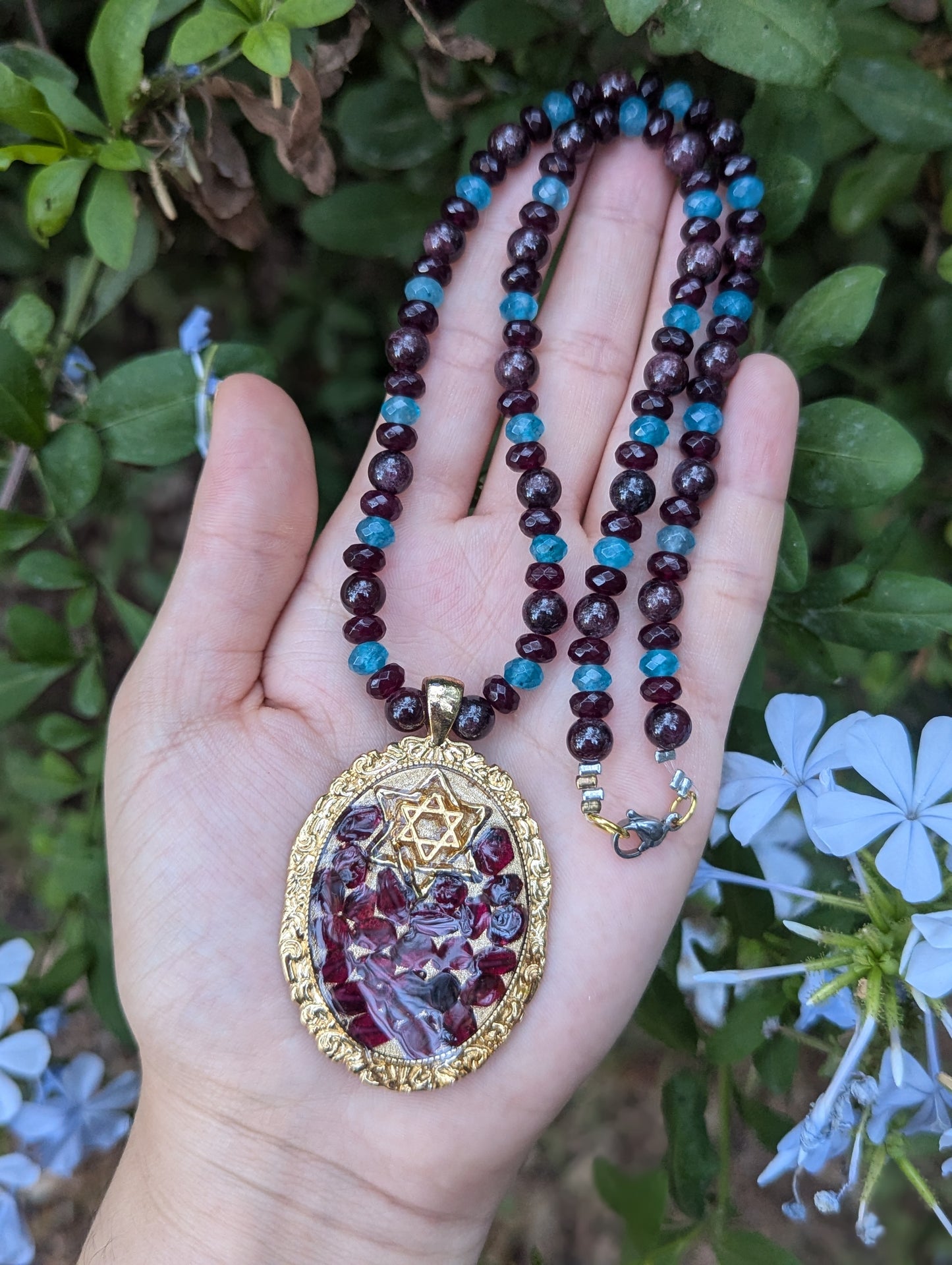 Zer'ei Rimon Penant with Jade and Garnet Gemstones Necklace