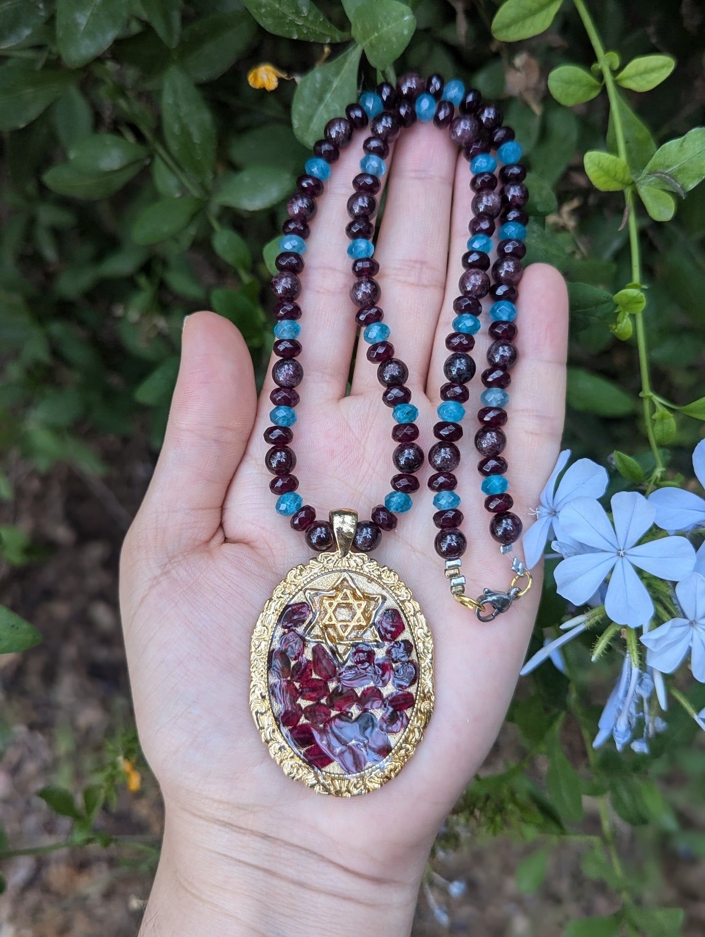 Zer'ei Rimon Penant with Jade and Garnet Gemstones Necklace