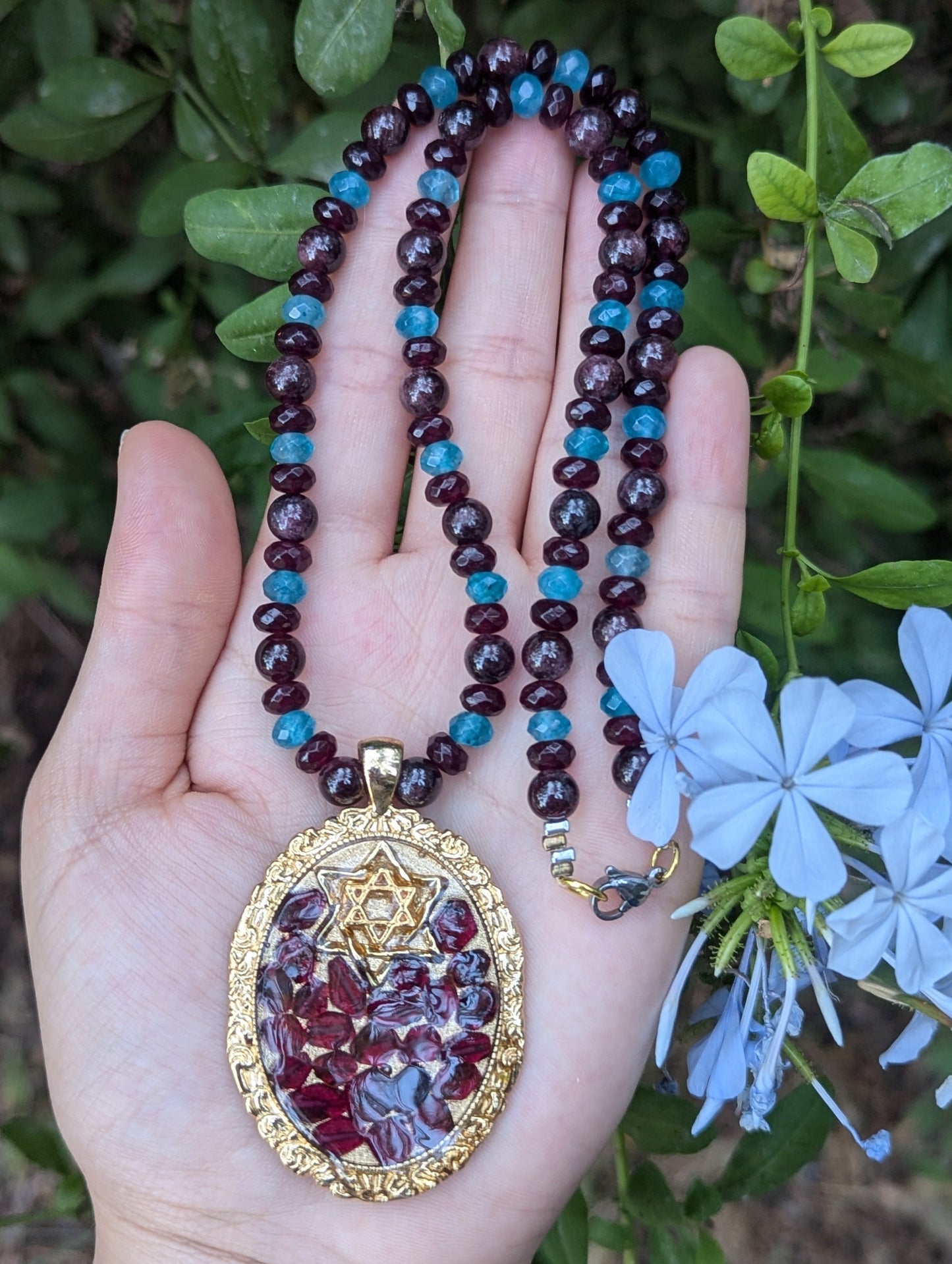 Zer'ei Rimon Penant with Jade and Garnet Gemstones Necklace