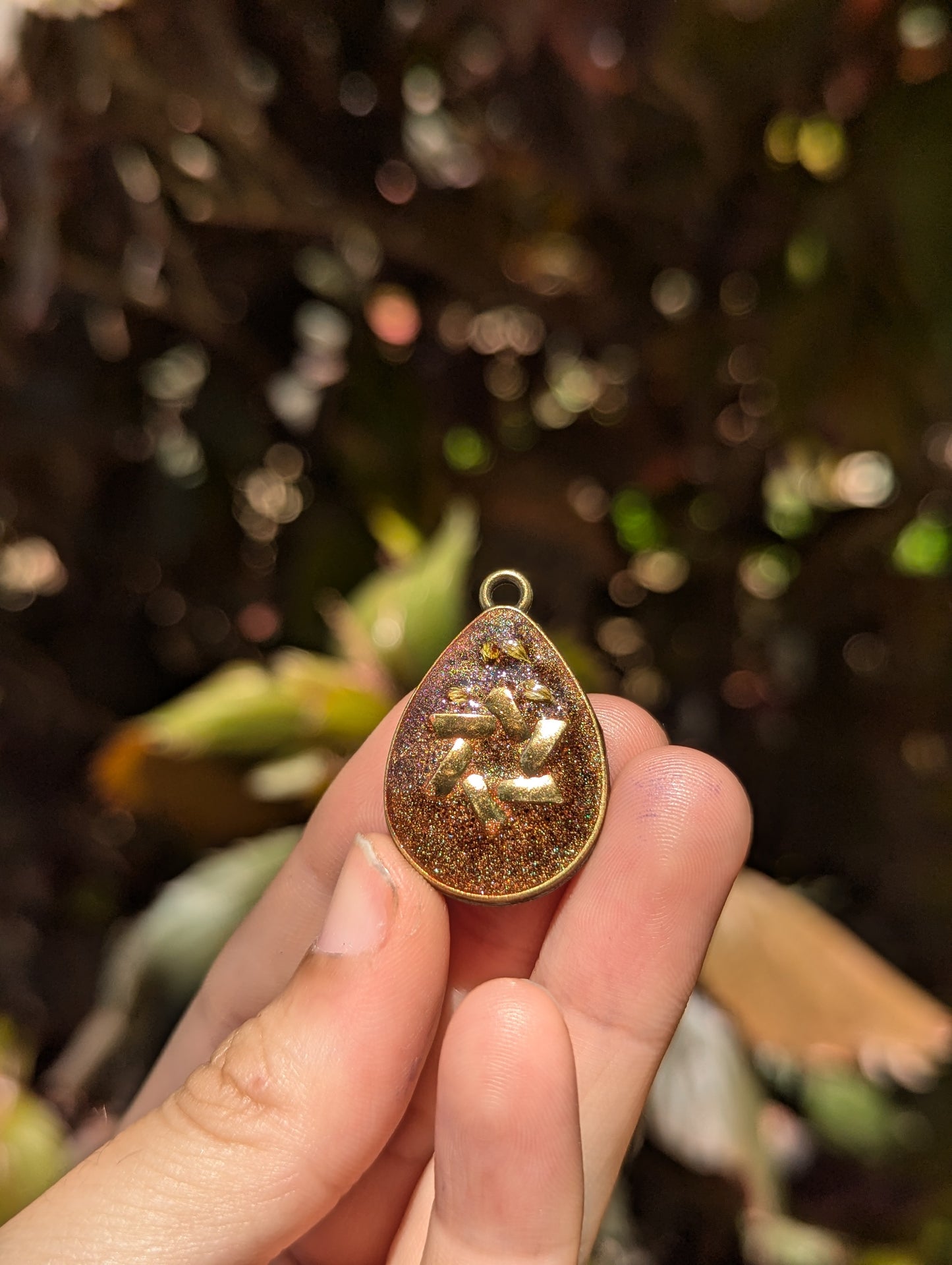 Reuven: Brown Glitter Tiny Yellow Israeli Flowers Drop Magen David Pendant