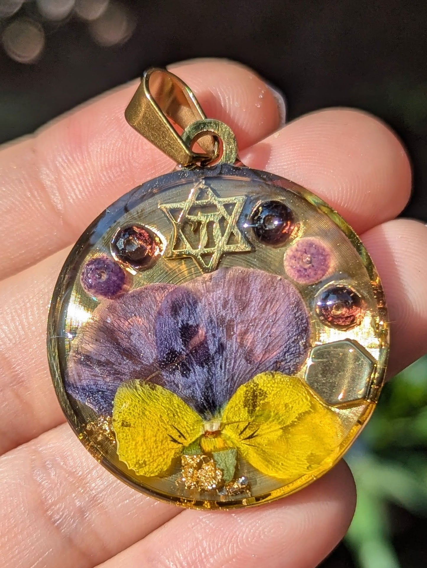 Purple Yellow Magen David Amethyst Gemstones Resin Pendant
