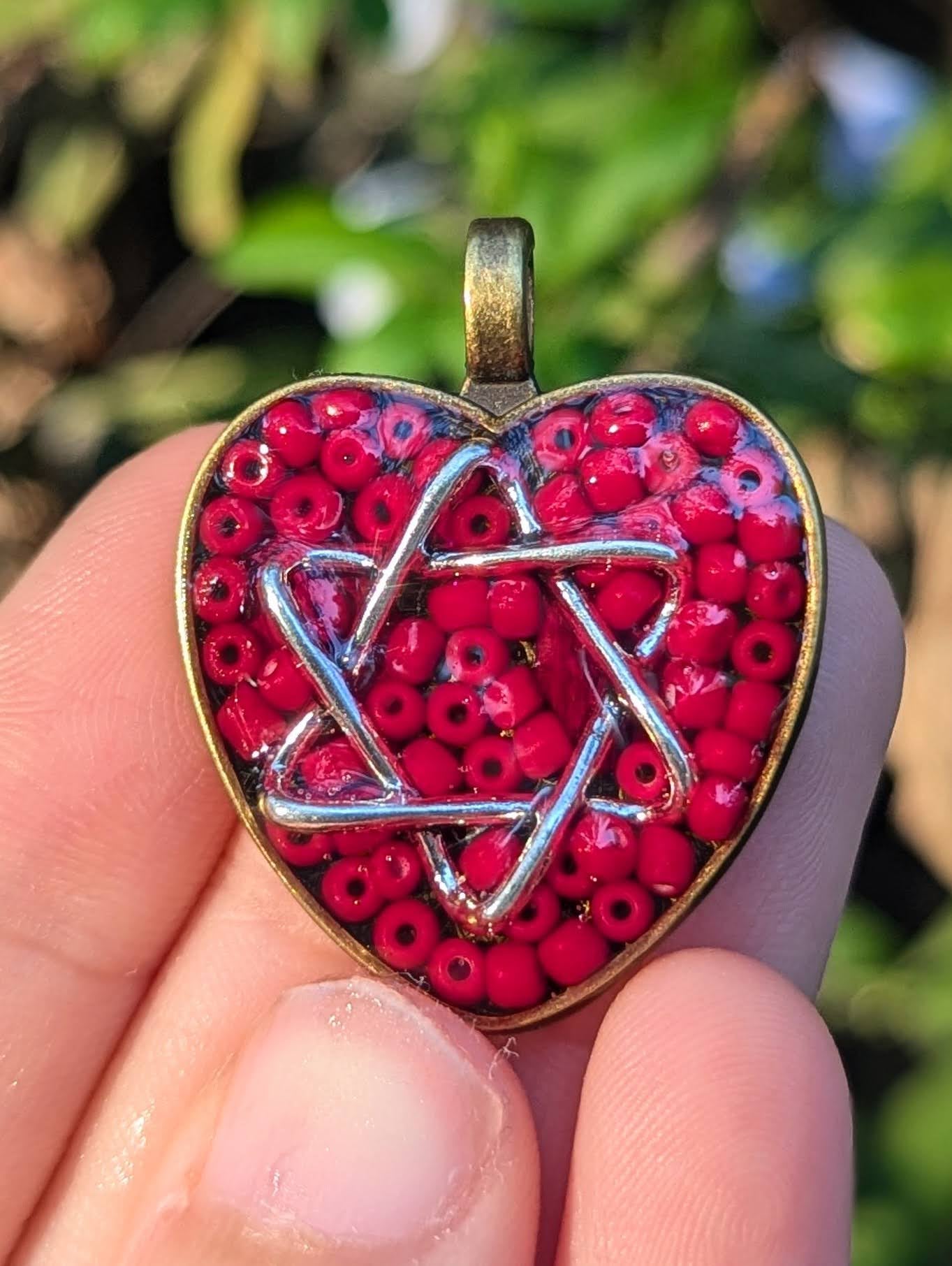 Red Jewish Heart with Red Israeli Flower Leaf and Glass Beads