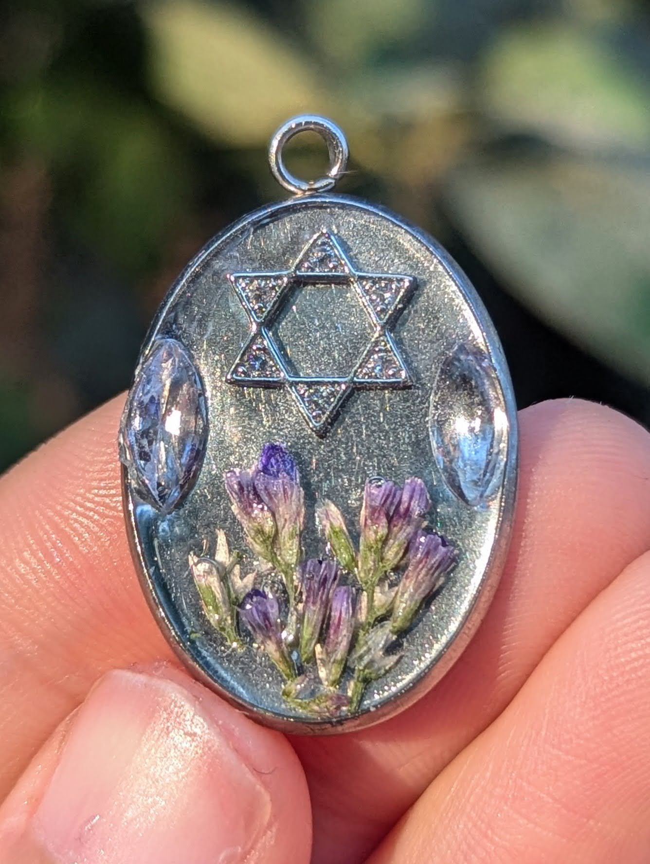 Lavender Love: Israeli Purple Flowers, Zirconia and Magen David in Silver Resin Pendant