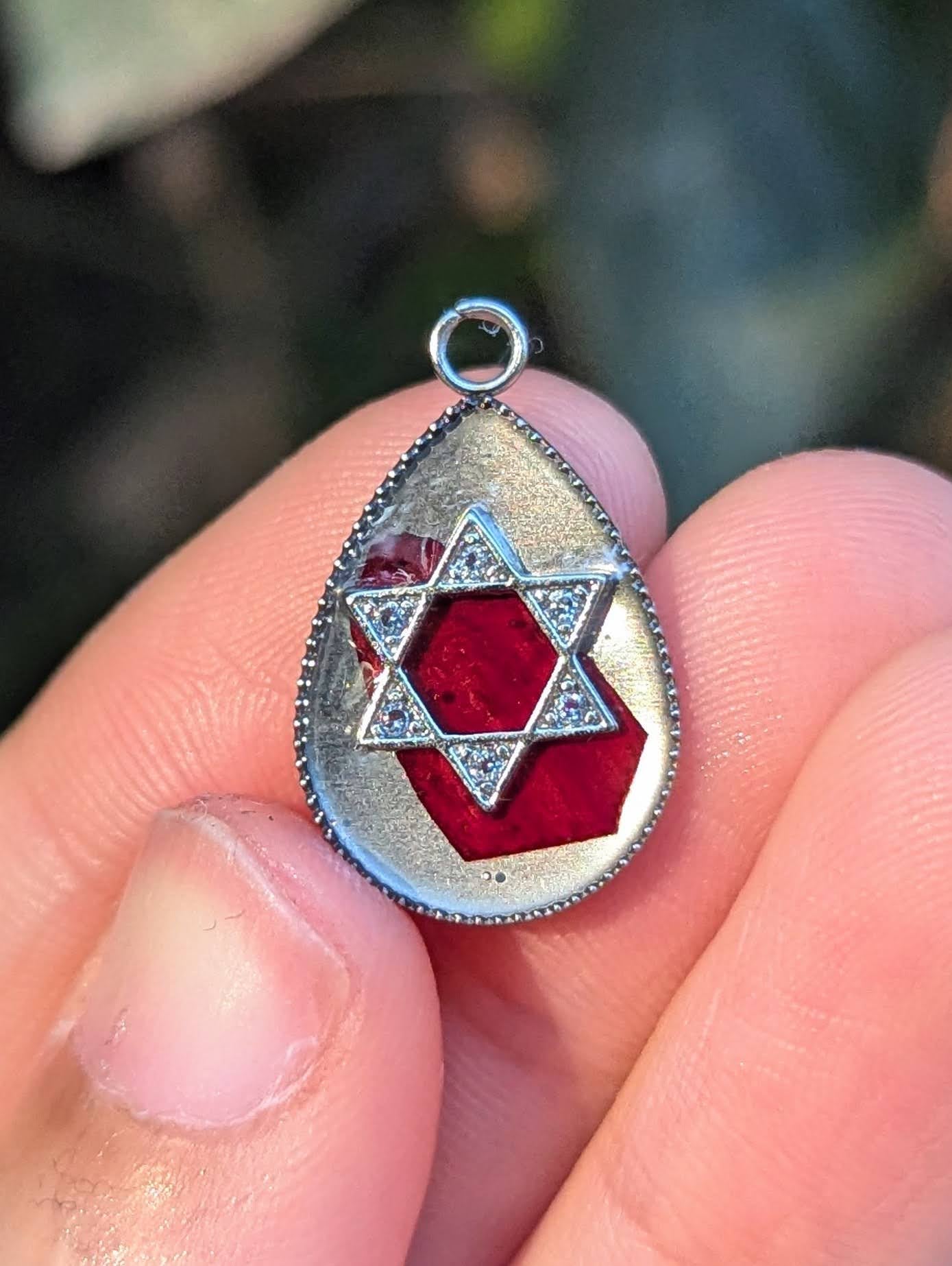 Red Israeli Flower Fragment and Zirconia Magen David in Drop Resin Pendant