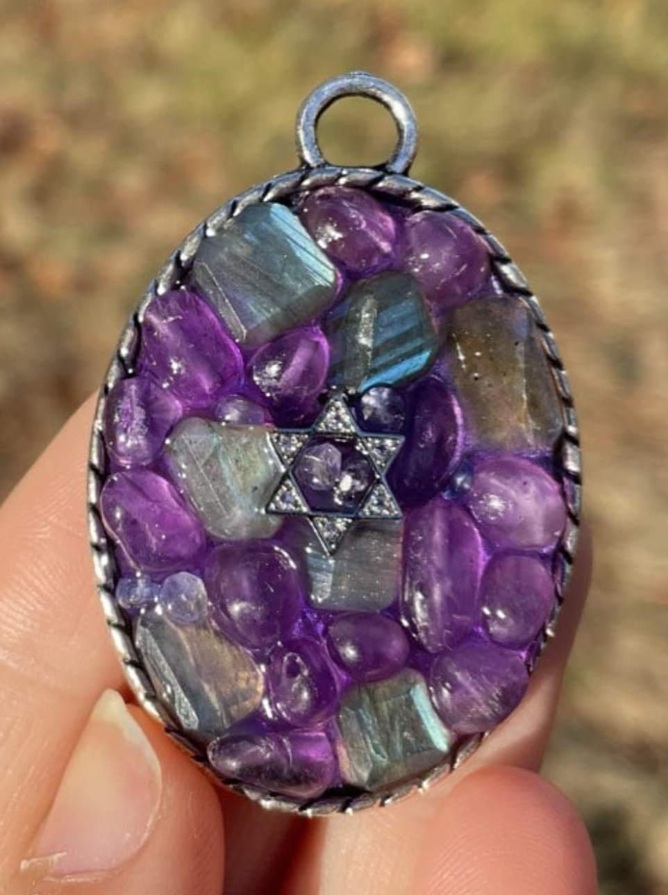 Magen David Purple Amethyst and Blue Grey Labradorite Silver Pendant