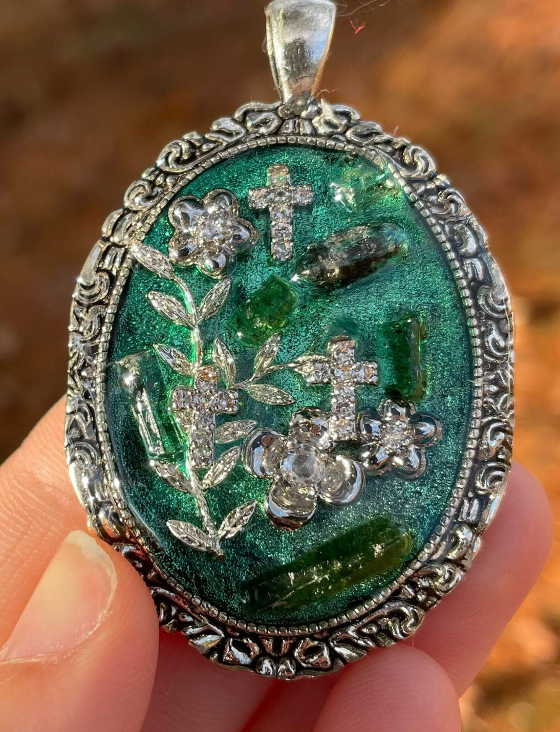 Zirconia Cross, Silver Flowers, & Green Tourmaline Gemstones