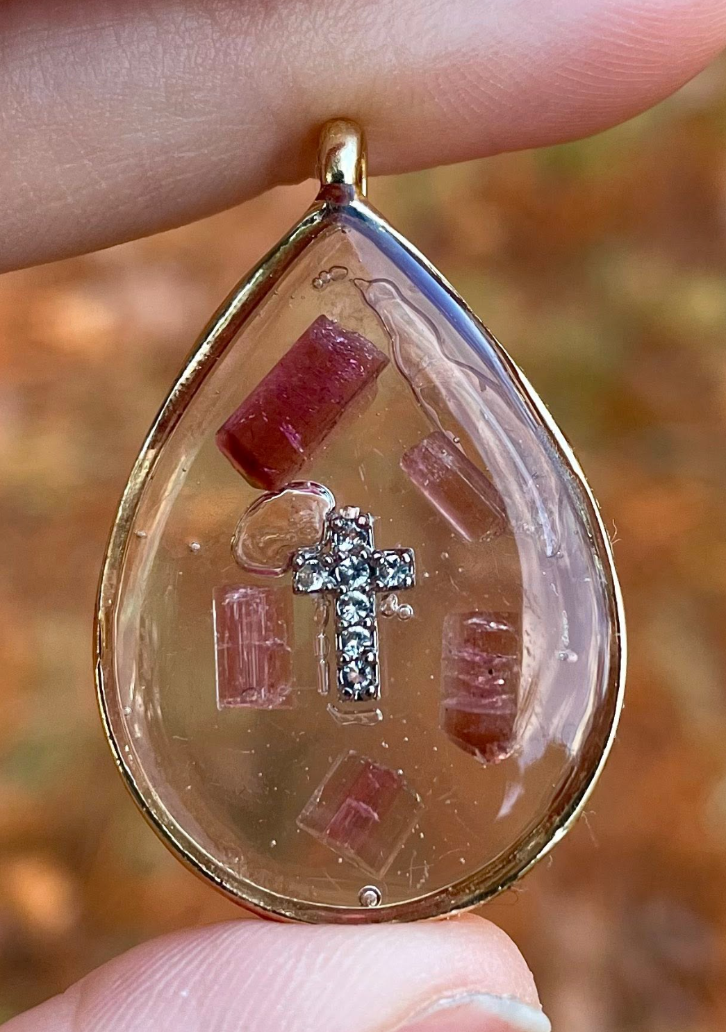 Zirconia Cross, Pink Tourmaline & Texturing Bubbles in Resin