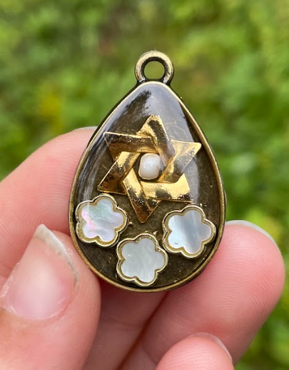 White Mother of Shell Flowers Gold Bronze styled Magen David Pendant
