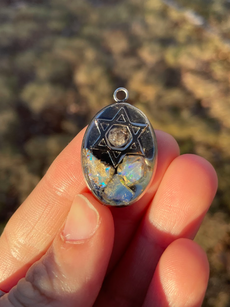 Firey Color Shifting Blue, White, Green Opal & Quartz Magen David